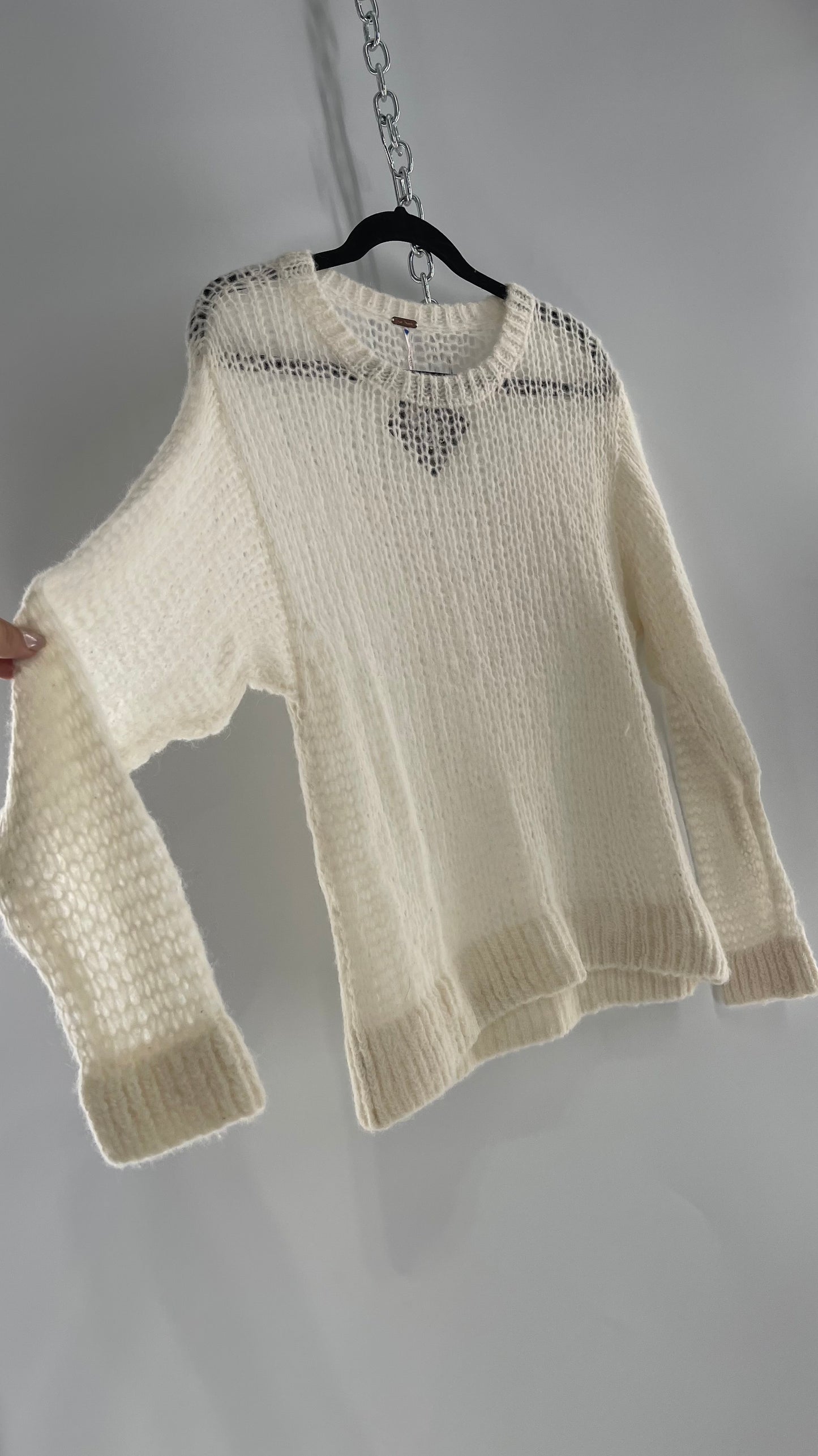 Free People White Open Knit Alpaca Sweater (XS)