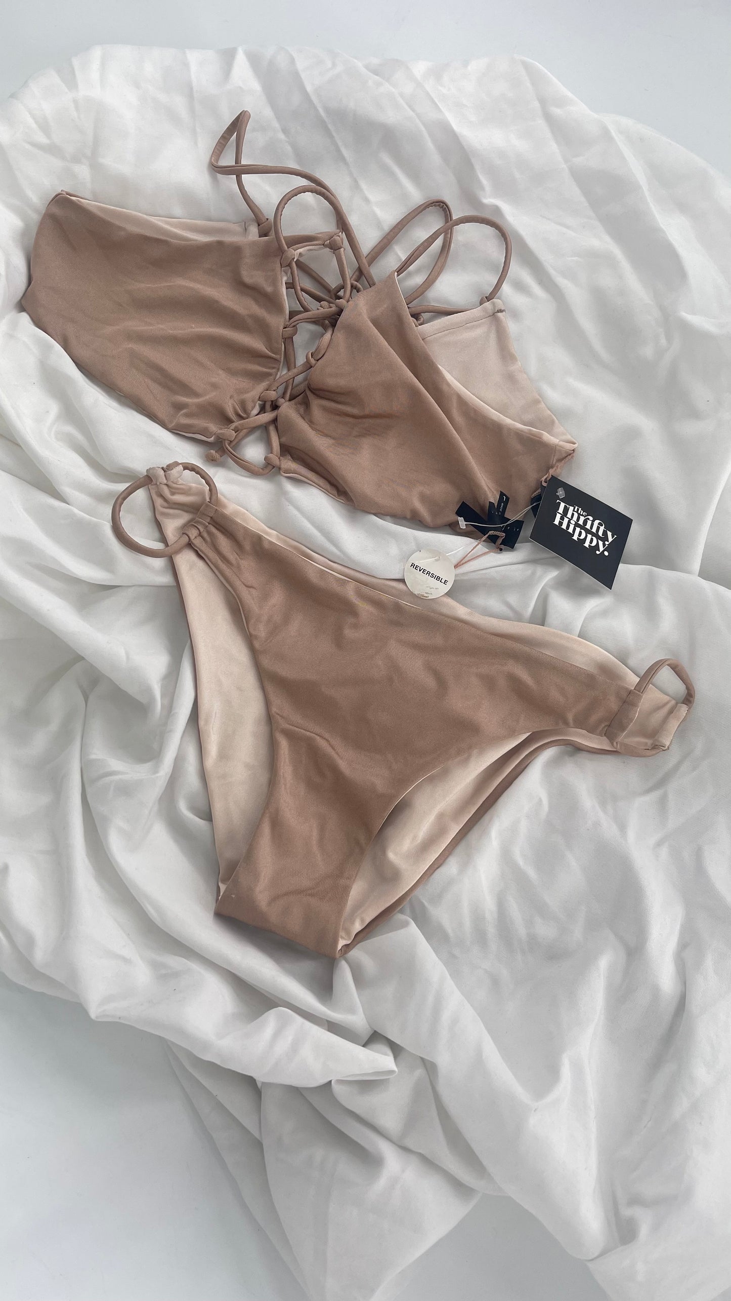 PACSUN LA Hearts Reversible Tan/Beige Swim Set with Tag (Large)