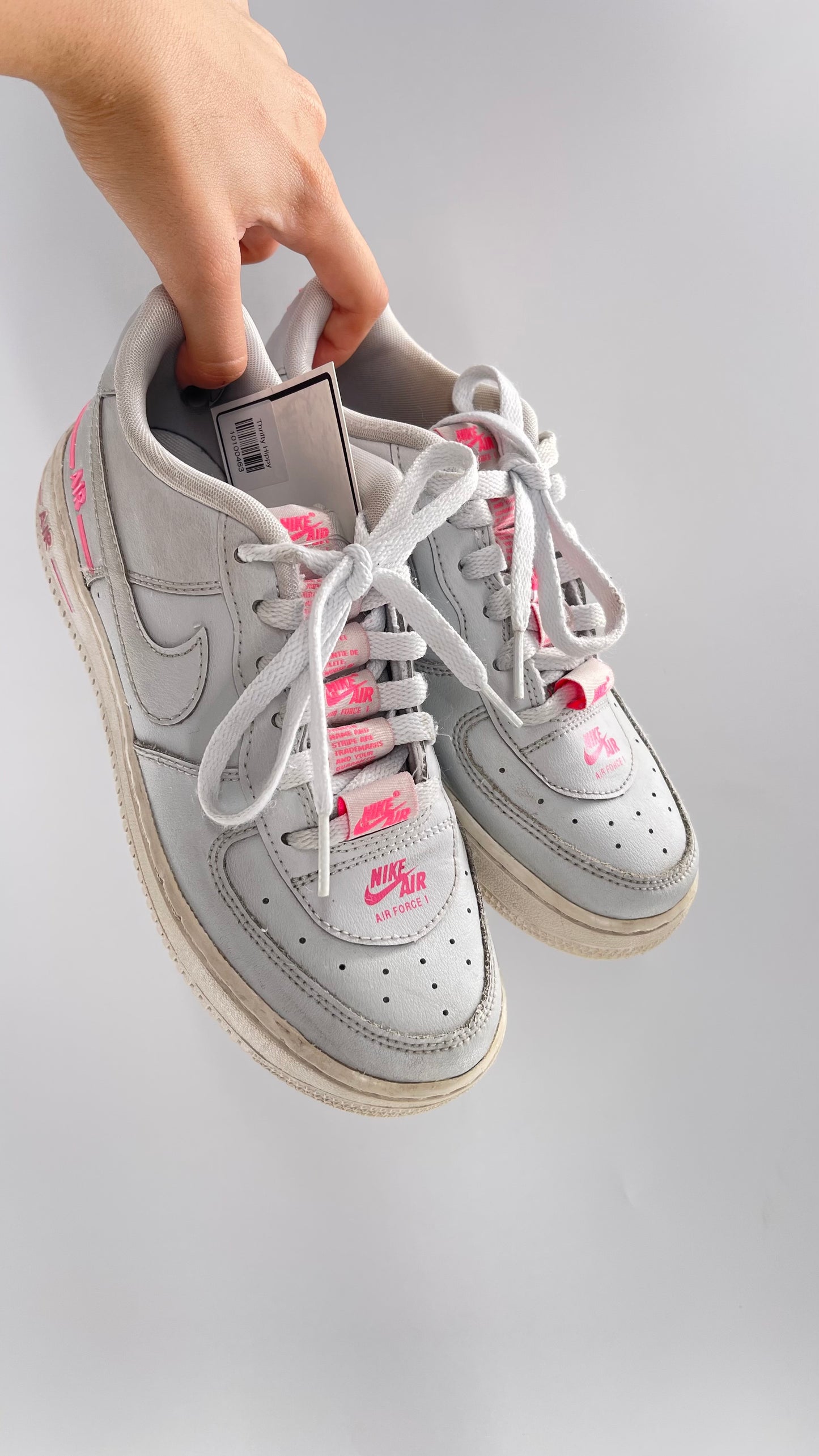 Custom Nikes Worn White with Tags on Laces and Neon Pink Details (4Y)