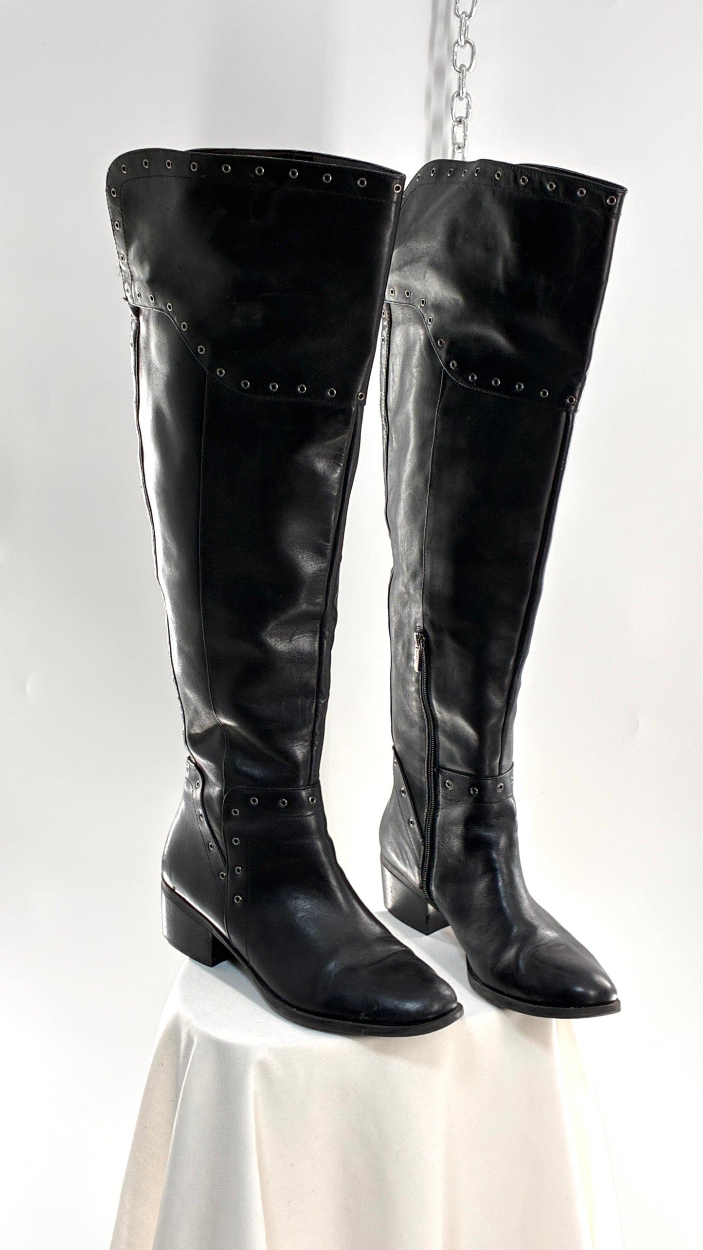 VINCE CAMUTO Genuine Leather Black Over the Knee, Thigh High Boots with Studding Details (11/41)