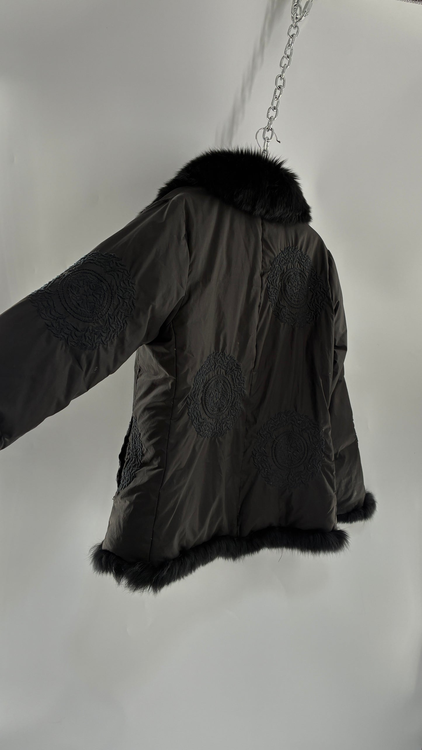 Vintage Gi & JO Black Down and Feather Puffer Jacket with Exaggerated Genuine Rabbit Fur Trim and Mandala Embroidery (Medium)