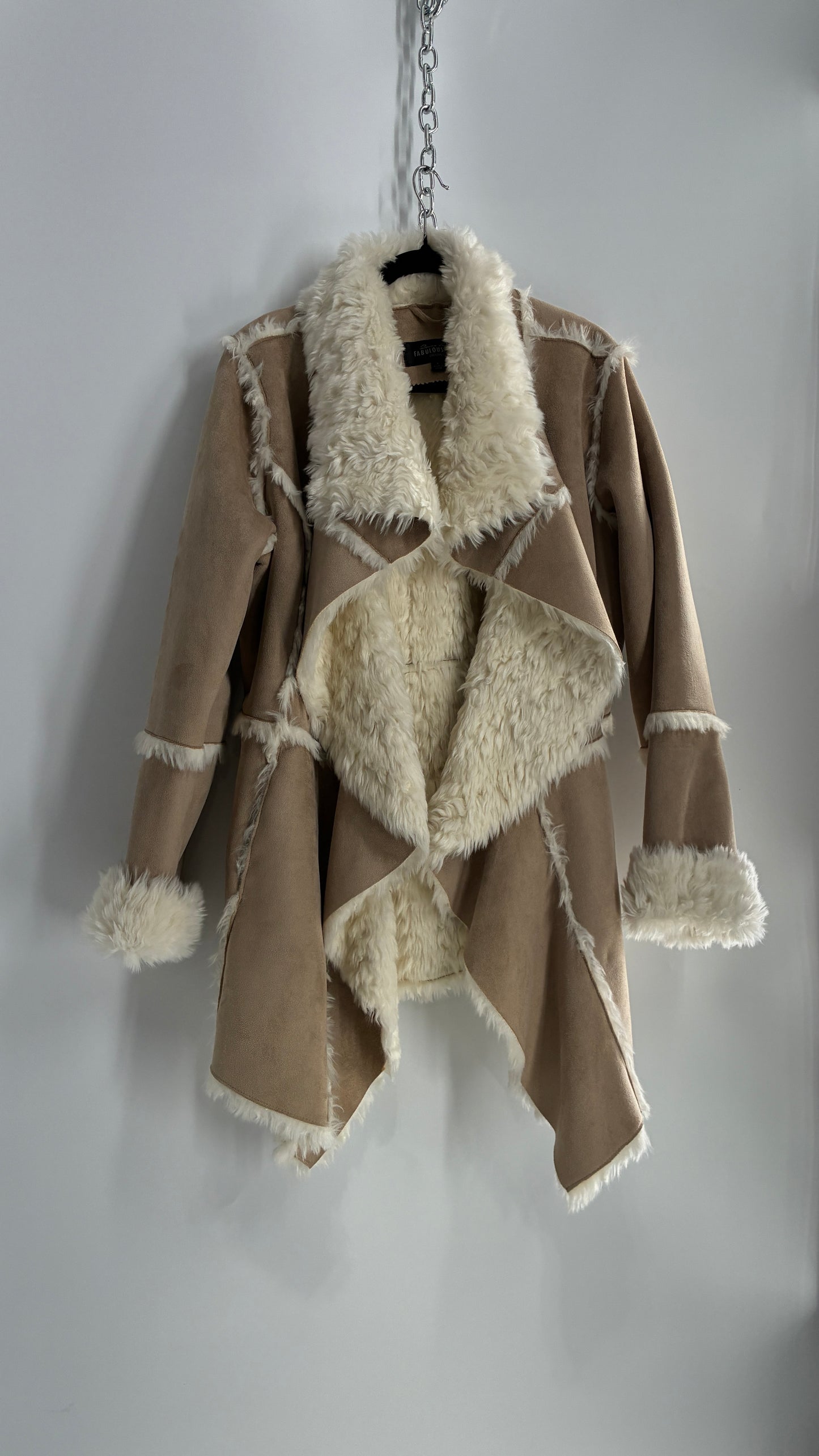 Fabulous Furs Vegan Suede Coat with Faux Fur Piping and Cuffs (Large)