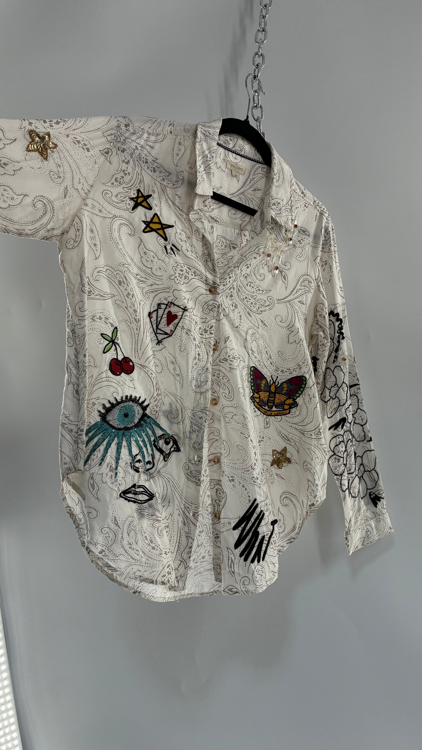 PILCRO Anthropologie Embroidered Appliqué Button Up (Small)
