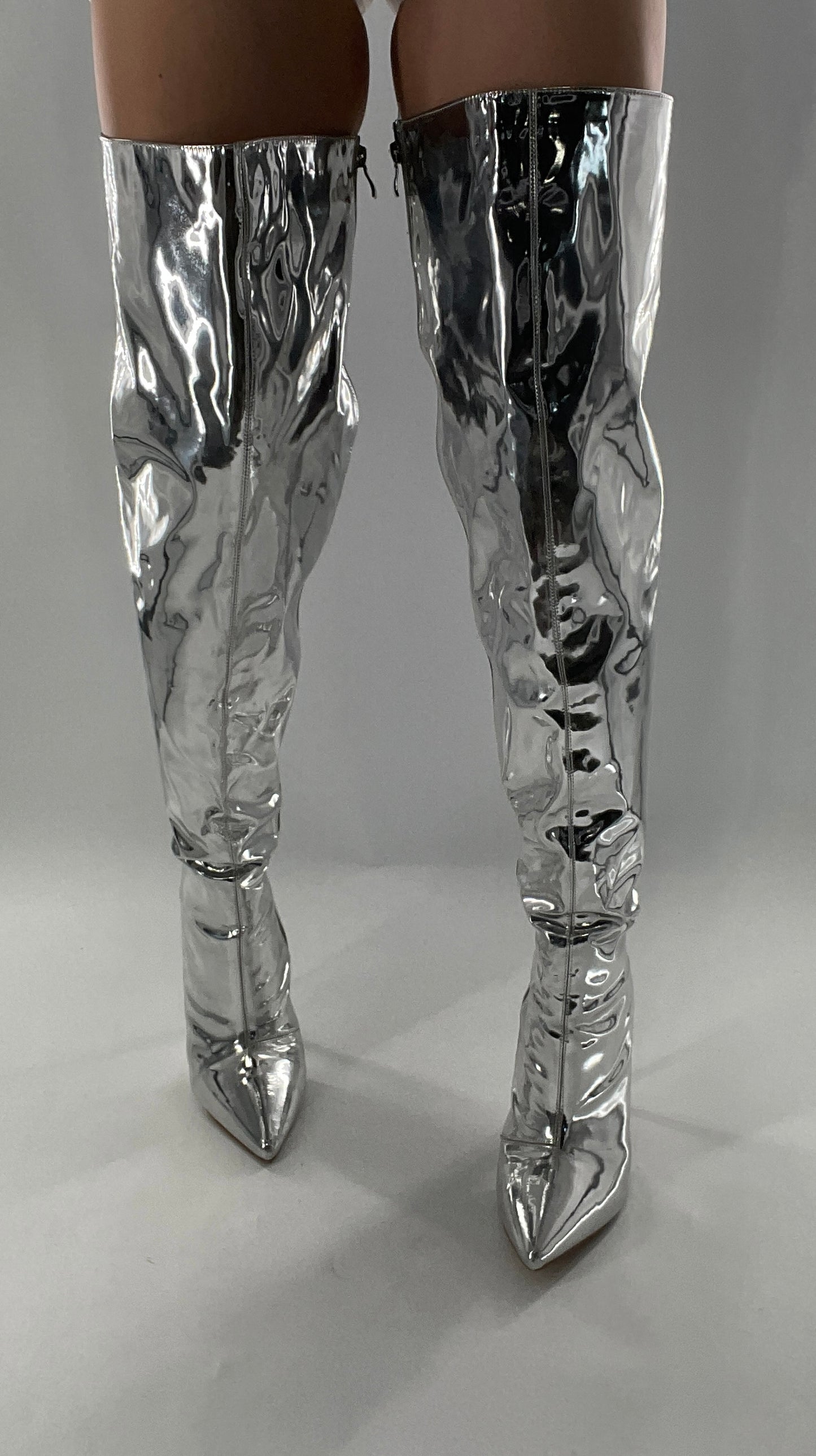 Vintage Chrome Platinum Mirrored Thigh High Molten Metal Sky High Boots Space Cadet/Concert (7)