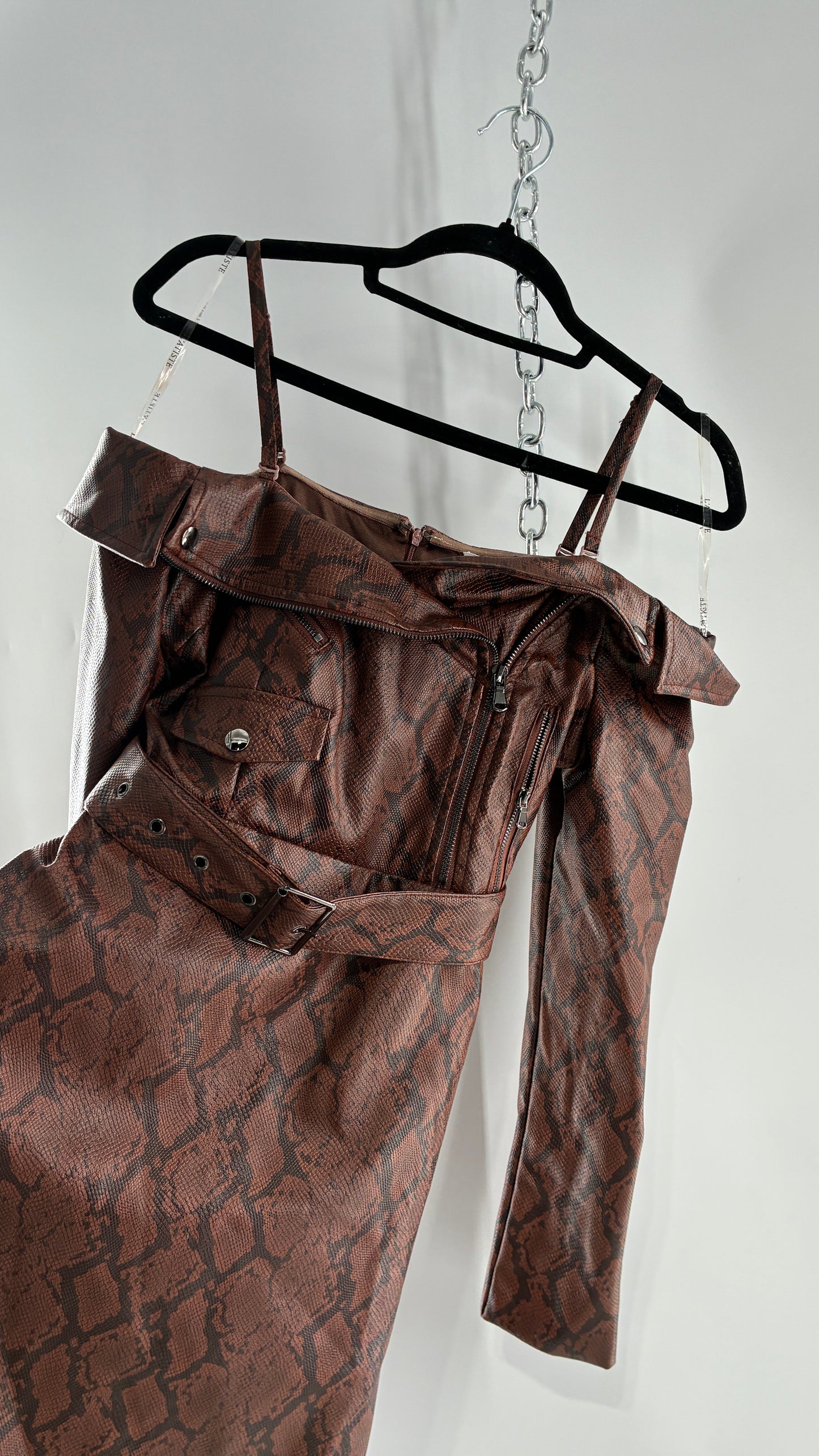 L’ATISTE Snakeskin Vegan Leather Moto Off the Shoulder, Knee High Dress (Medium)