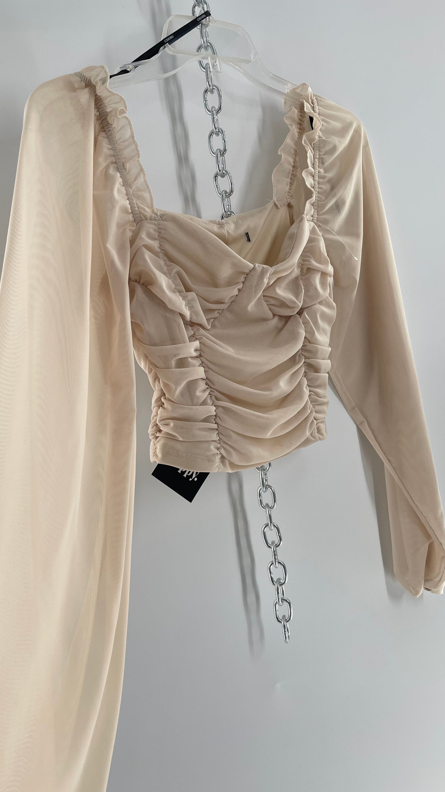 Beige Ruched Corseted Balloon Sleeve Blouse (Small)