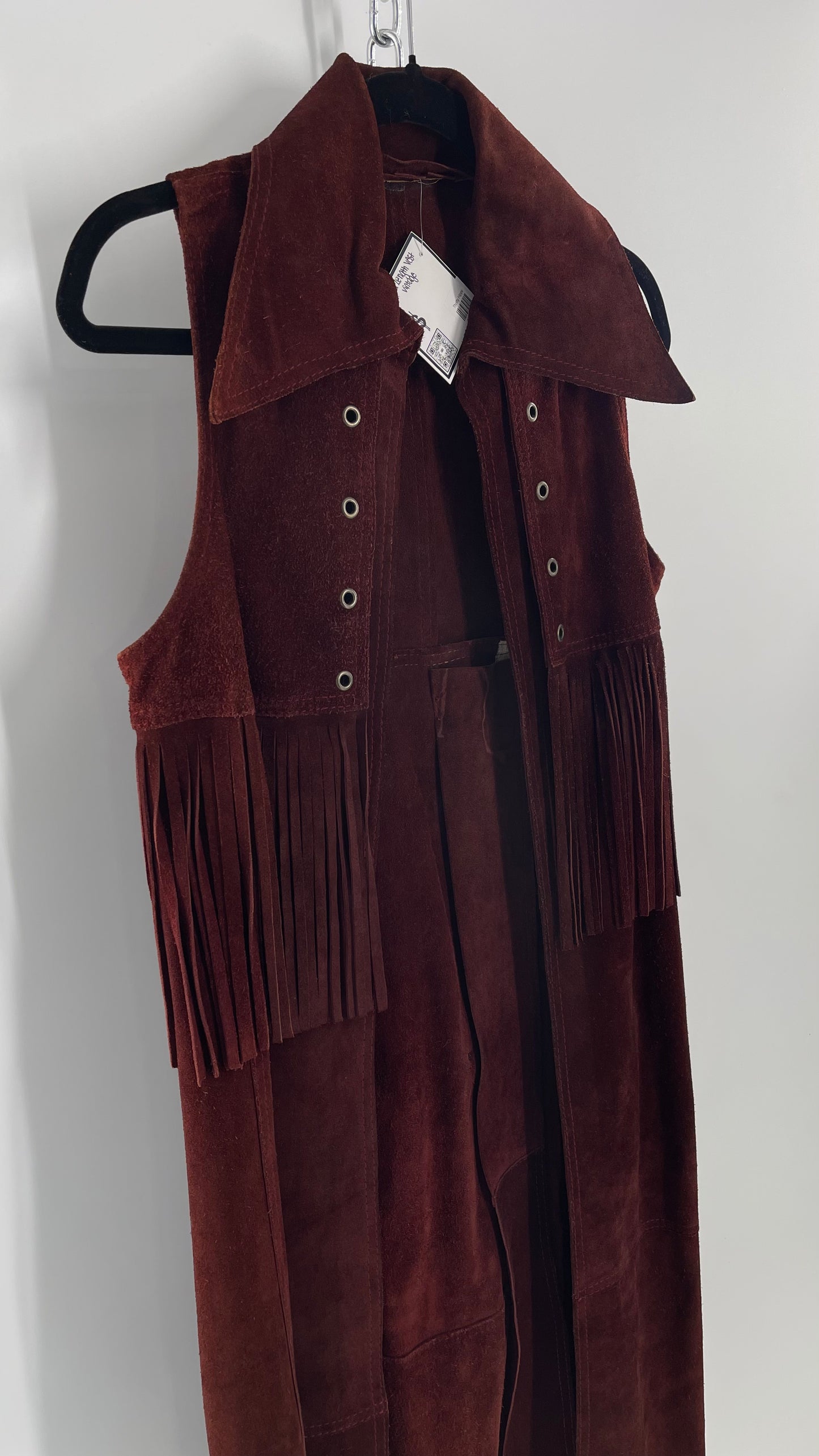 Vintage 1970s Suede Leather Full Length Reddish Brown Vest (S/M)