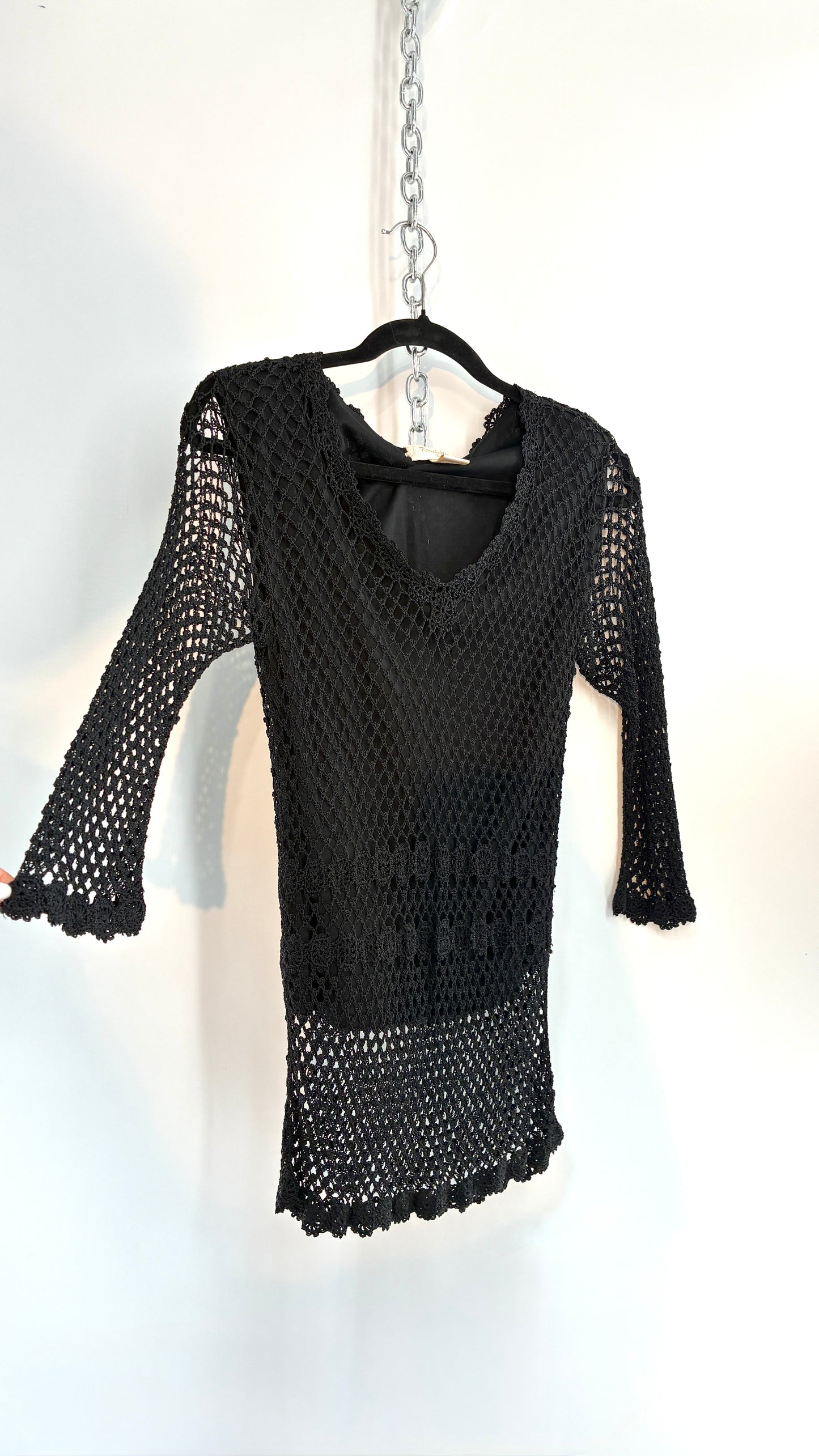 Vintage KROSHETTA by PAPILLON  Black Crochet Quarter Sleeve Blouse (Medium)