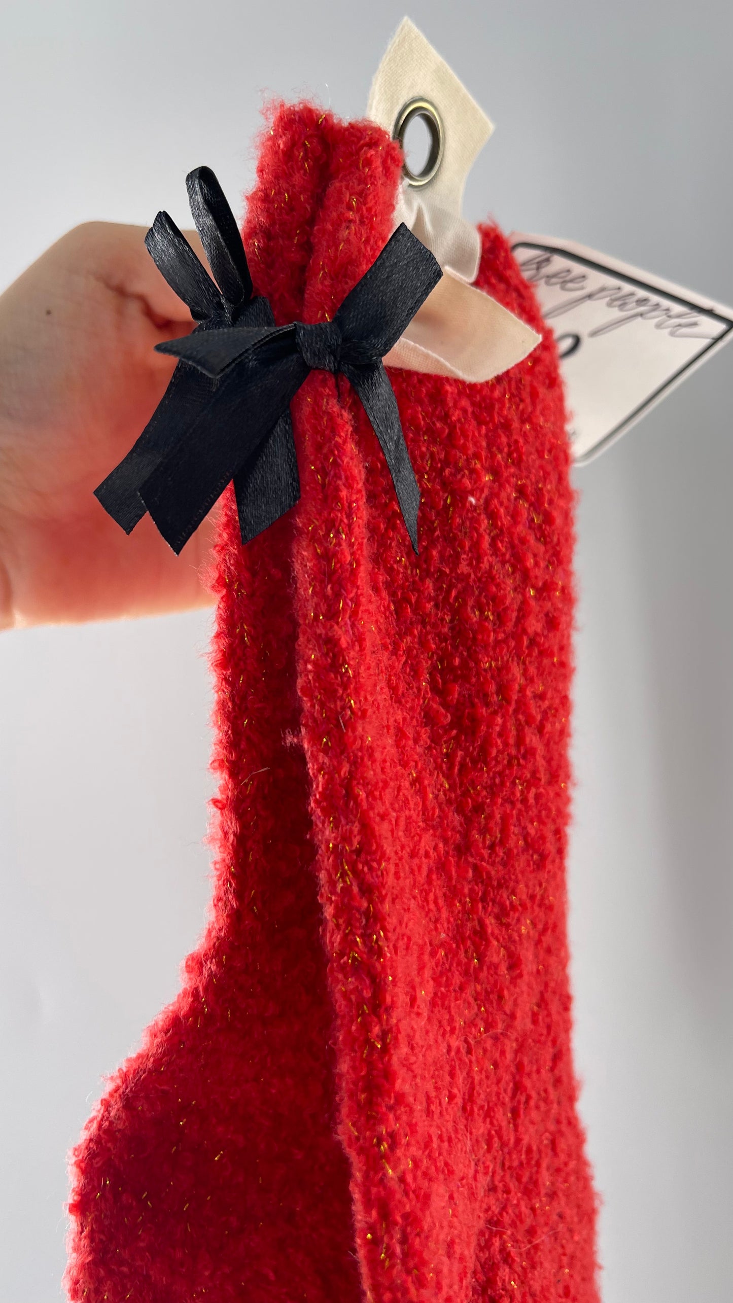 Free People Festive Red Socks with Gold Tinsel and Black Satin Bow Detail