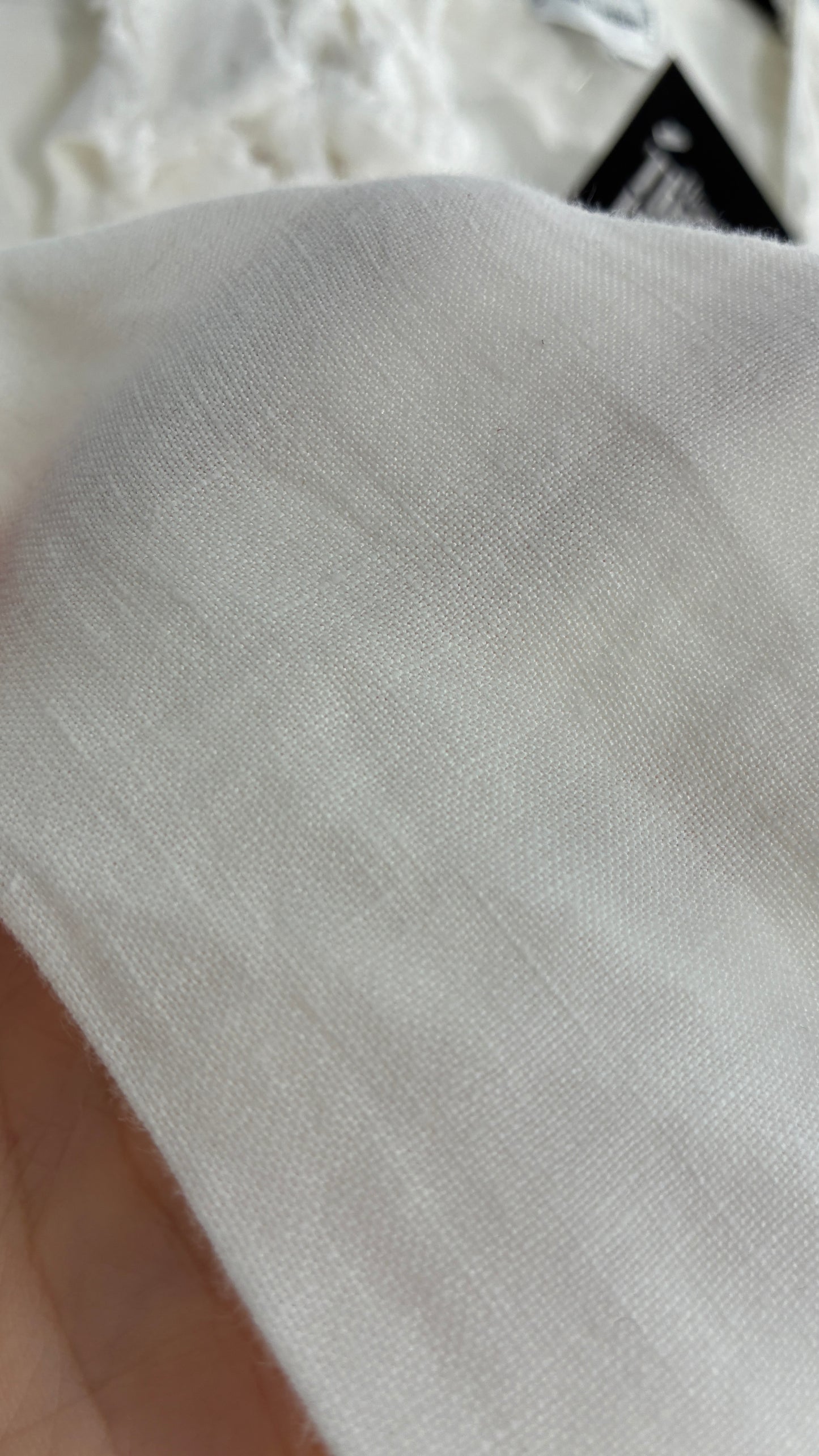 Vintage ANNE FONTAINE Off White Linen Woven Button Up Blouse with Back Corseting, Pearlescent Shell Buttons, and Rosette Details (36)