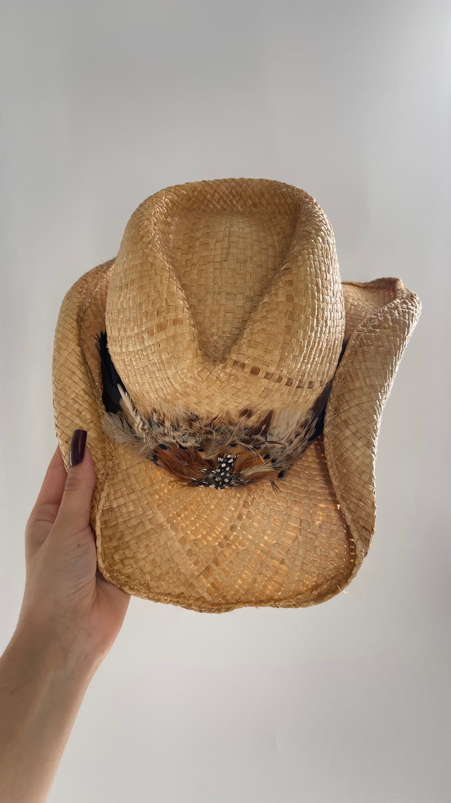 Vintage Straw Hat with Feather Band