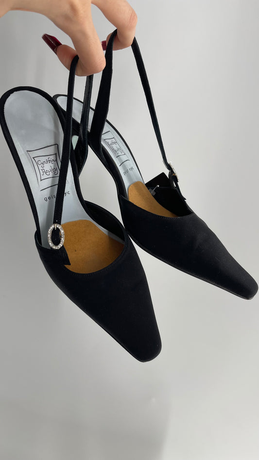 Vintage Cynthia Rowley Slingback Black Pointed Toe Kitten Heels with Rhinestone Beret (6)