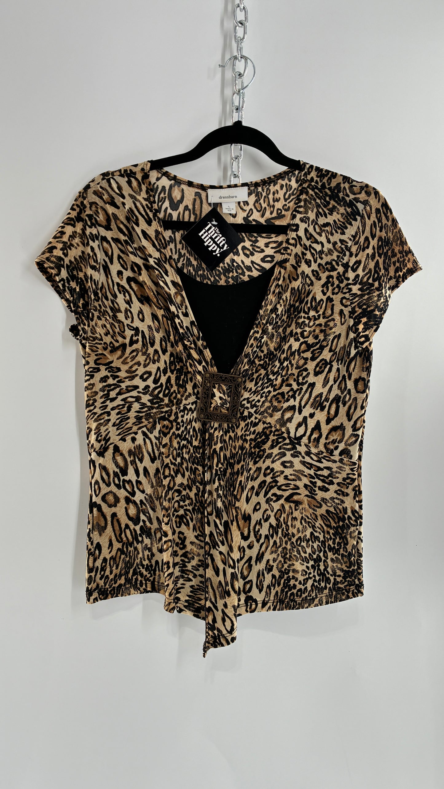 Vintage DRESS BARN Cheetah Patterned Metallic Sheen Belted Blouse with Buckle Detail (Large)
