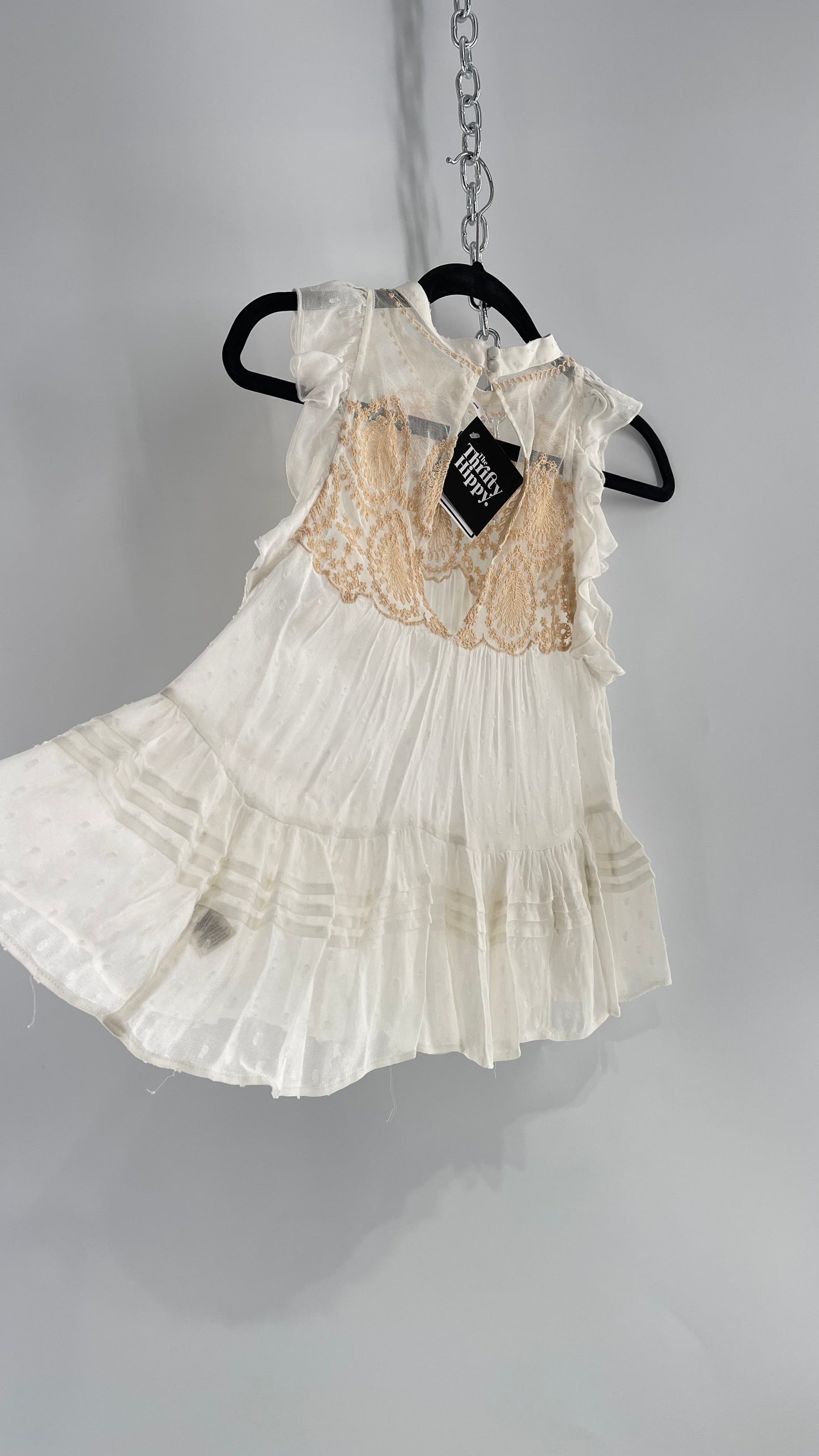 Free People Delicate,Romantic Feminine Sleeveless Blouse with Pleating, Embroidery and Keyhole Back (XS)