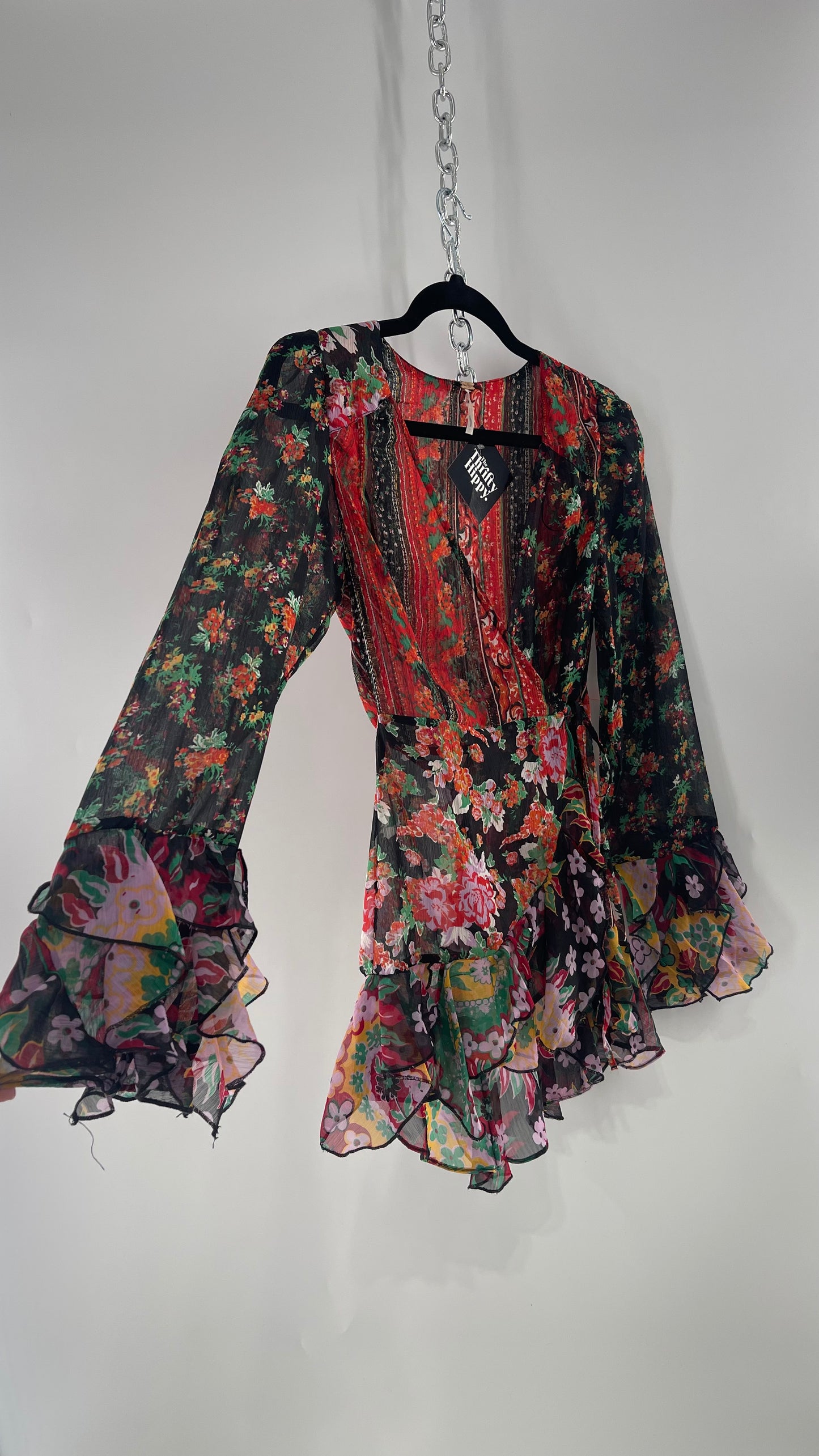 Free People Black Colorful Floral Tie Front Blouse with Ruffled Sleeves and Hem(XS)