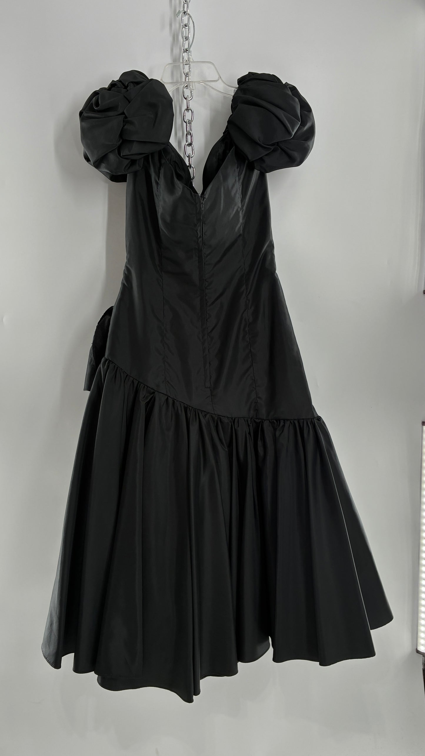 Vintage 1980s Black Gown with Ruched Bodice, Exaggerated Puff Sleeves, and Tiered Skirt (Measured)