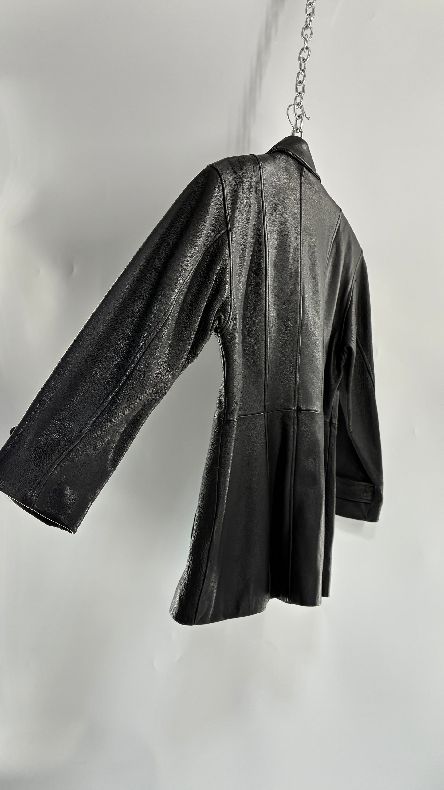 Vintage LUIS ALVEAR Thick Genuine Leather Black Trench Style Jacket (XS)