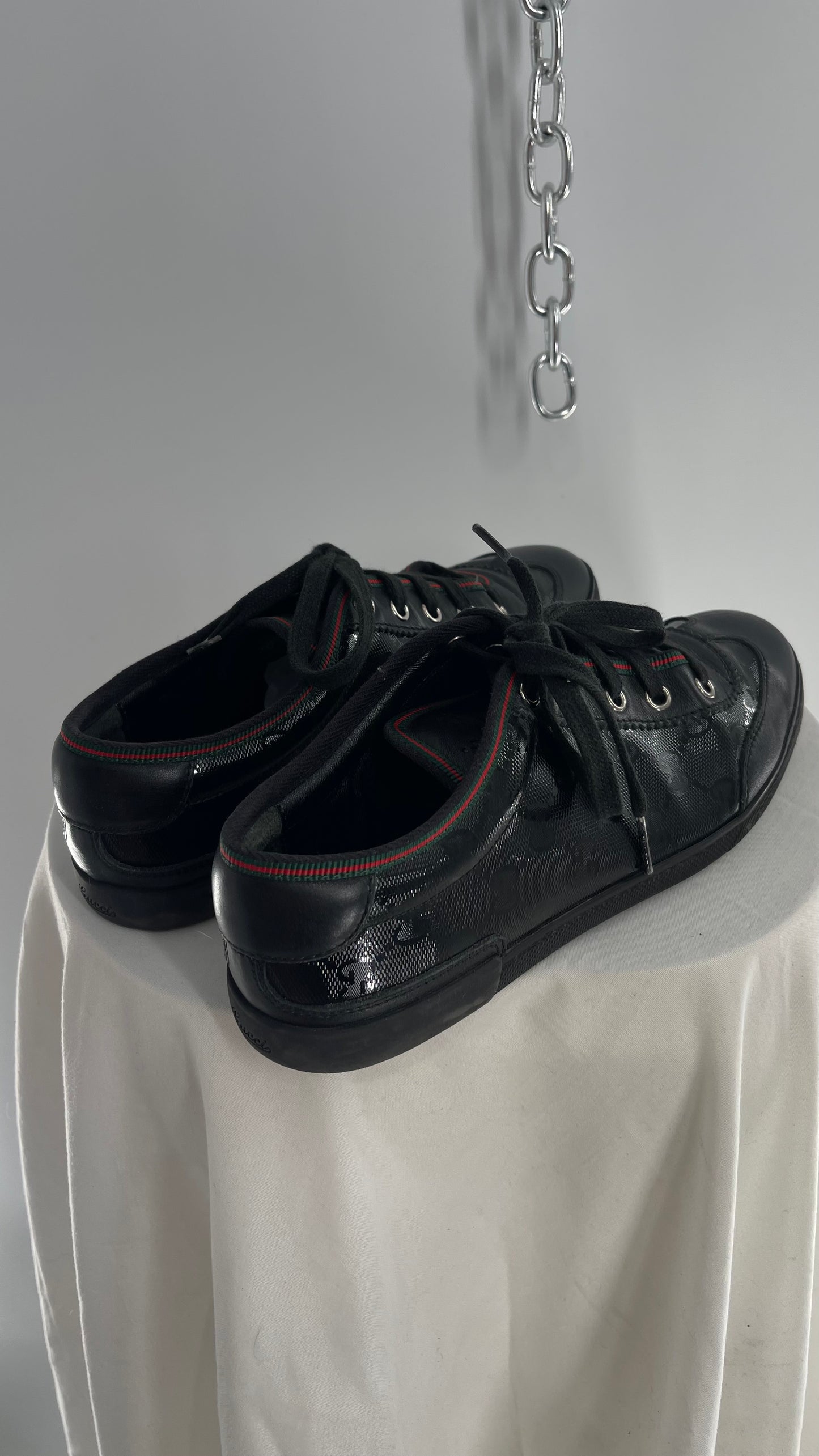 Vintage GUCCI Worn Black Leather Monogram Low Top Sneakers with Red/Green Iconic Trim (37)