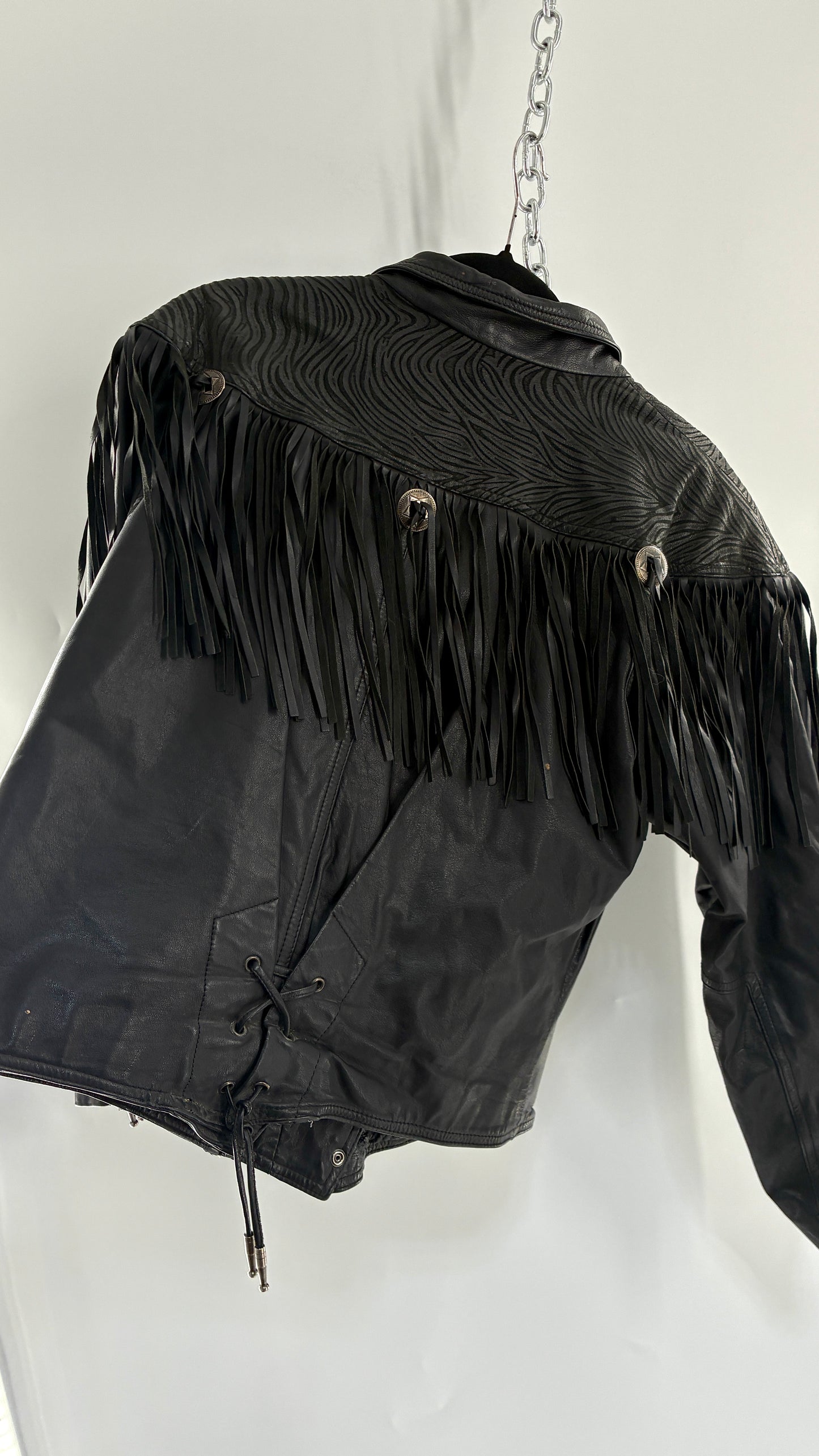 Vintage BERMAN’S Black Genuine Leather Fringe Motorcycle Jacket with Tie Up Cuffs (Large)