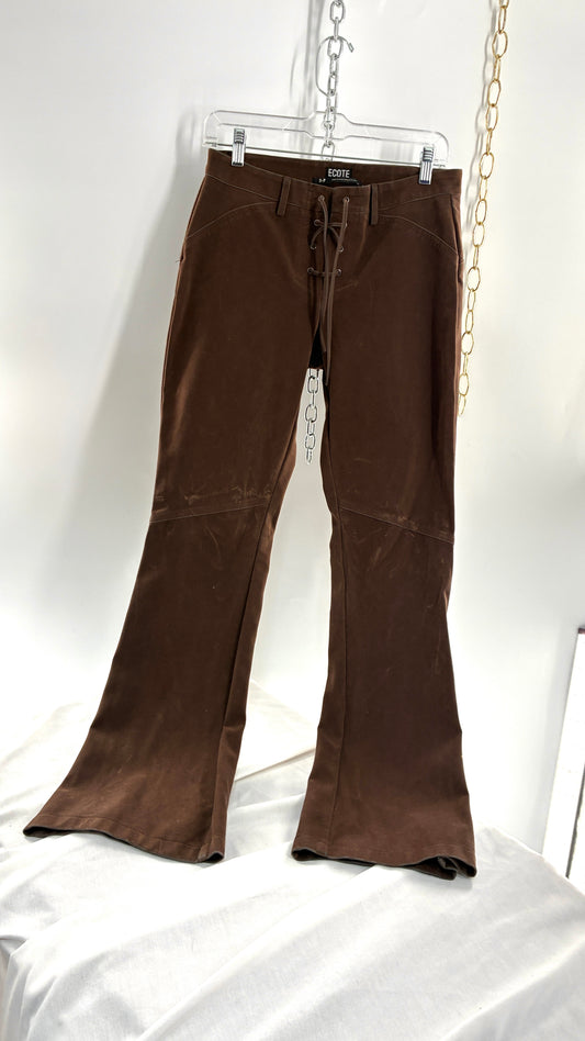 Vintage ECOTE Vegan Leather Velour Brown Lace Up Closure, Low Rise, Boot Leg Pants (Small)
