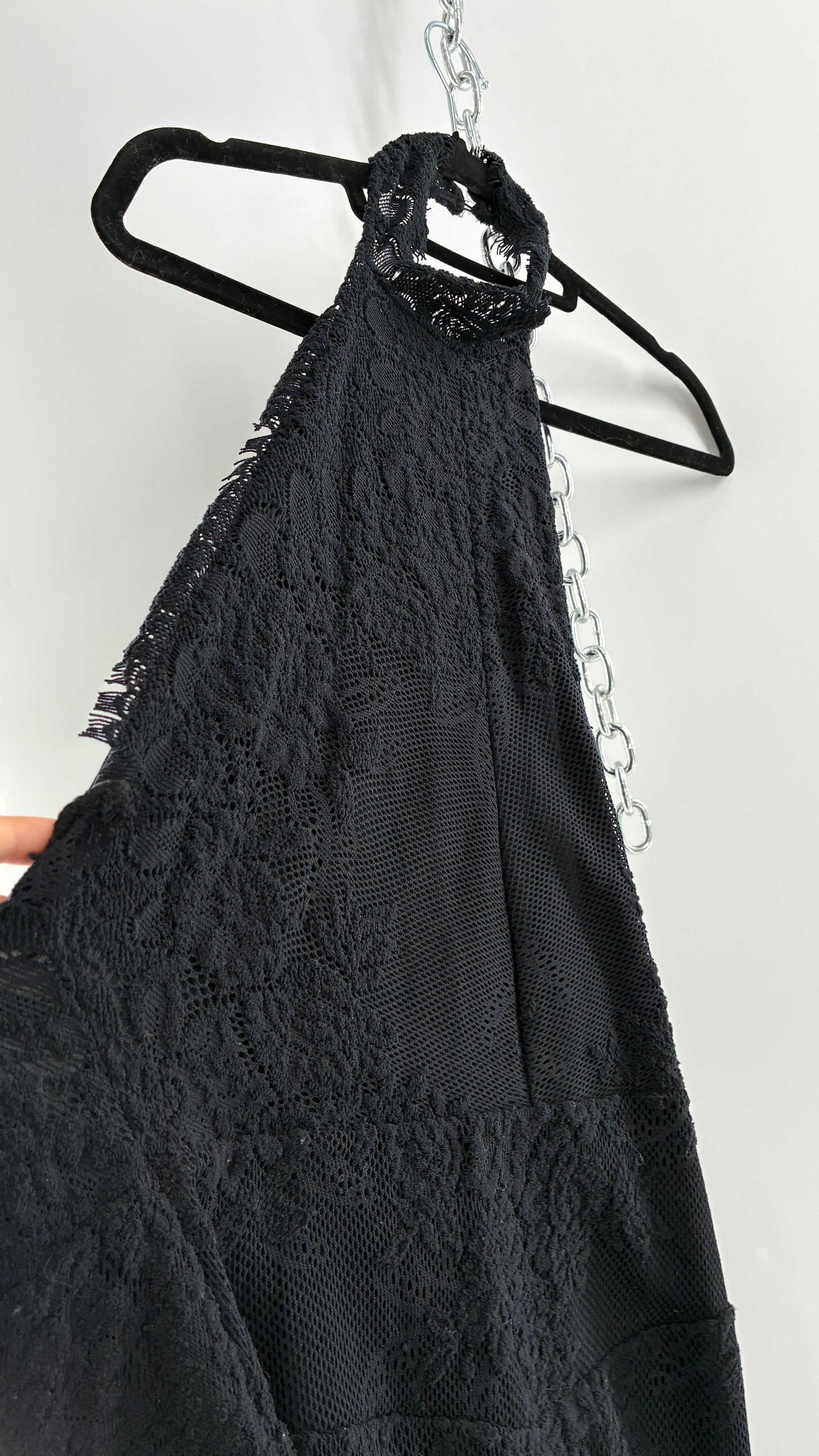 Free People Black Lace Halter Mini Dress with Open Back (Medium) The Thrifty Hippy Free People Black Lace Halter Mini Dress with Open Back (Medium) The Thrifty Hippy
