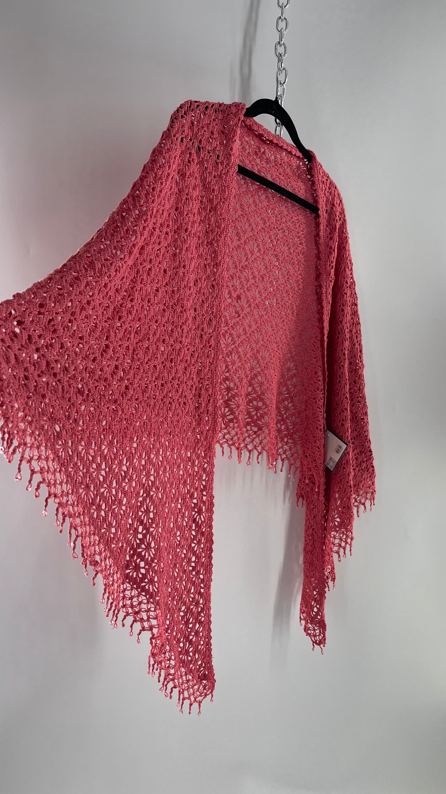 Vintage Hand Crochet Pink Shawl with Beaded Fringe Hem (One Size)