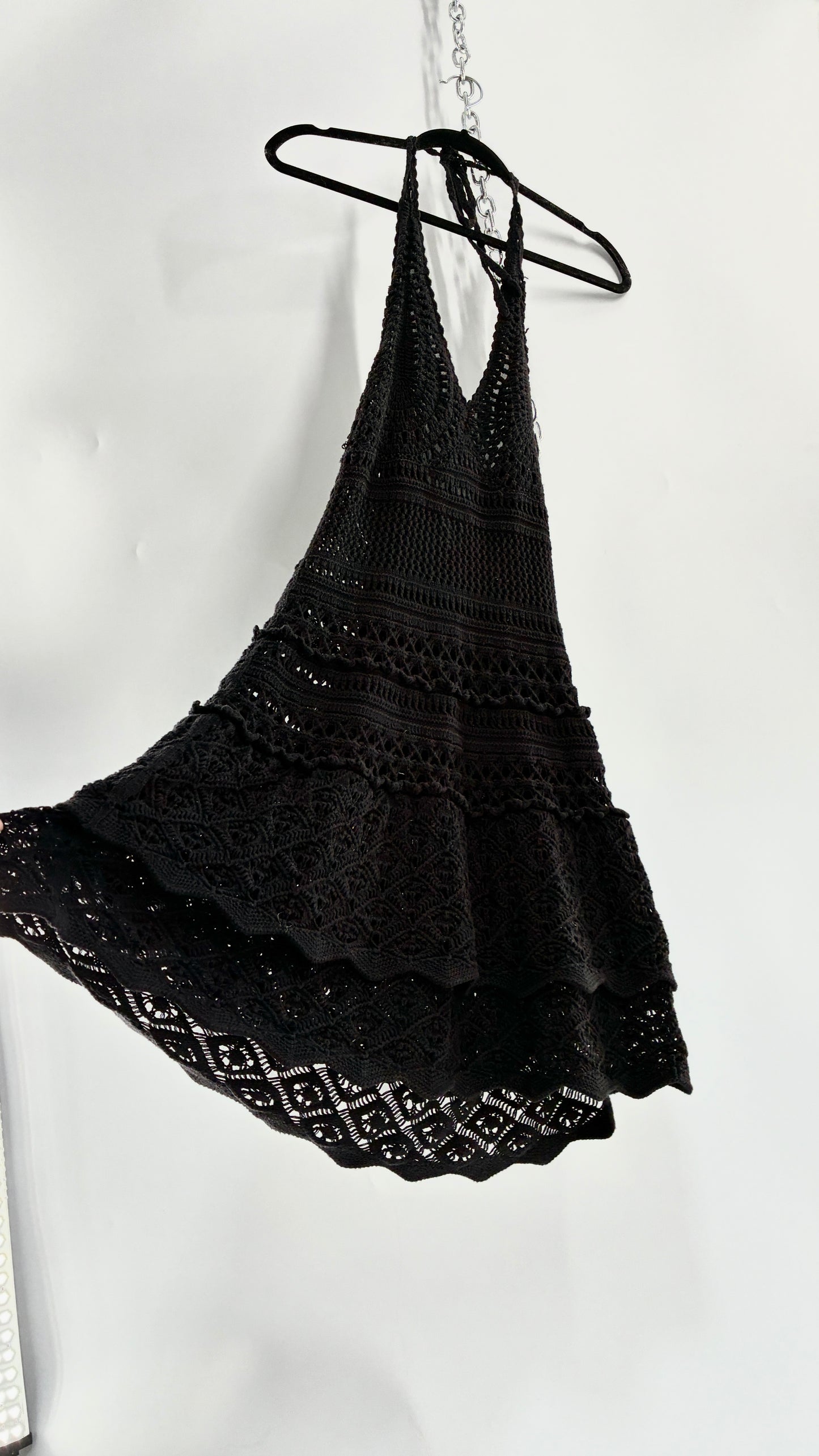 Vintage MODA INTERNATIONAL Black 100% Cotton Crochet Mini Halter Dress with Ruffled Skirt (Medium)