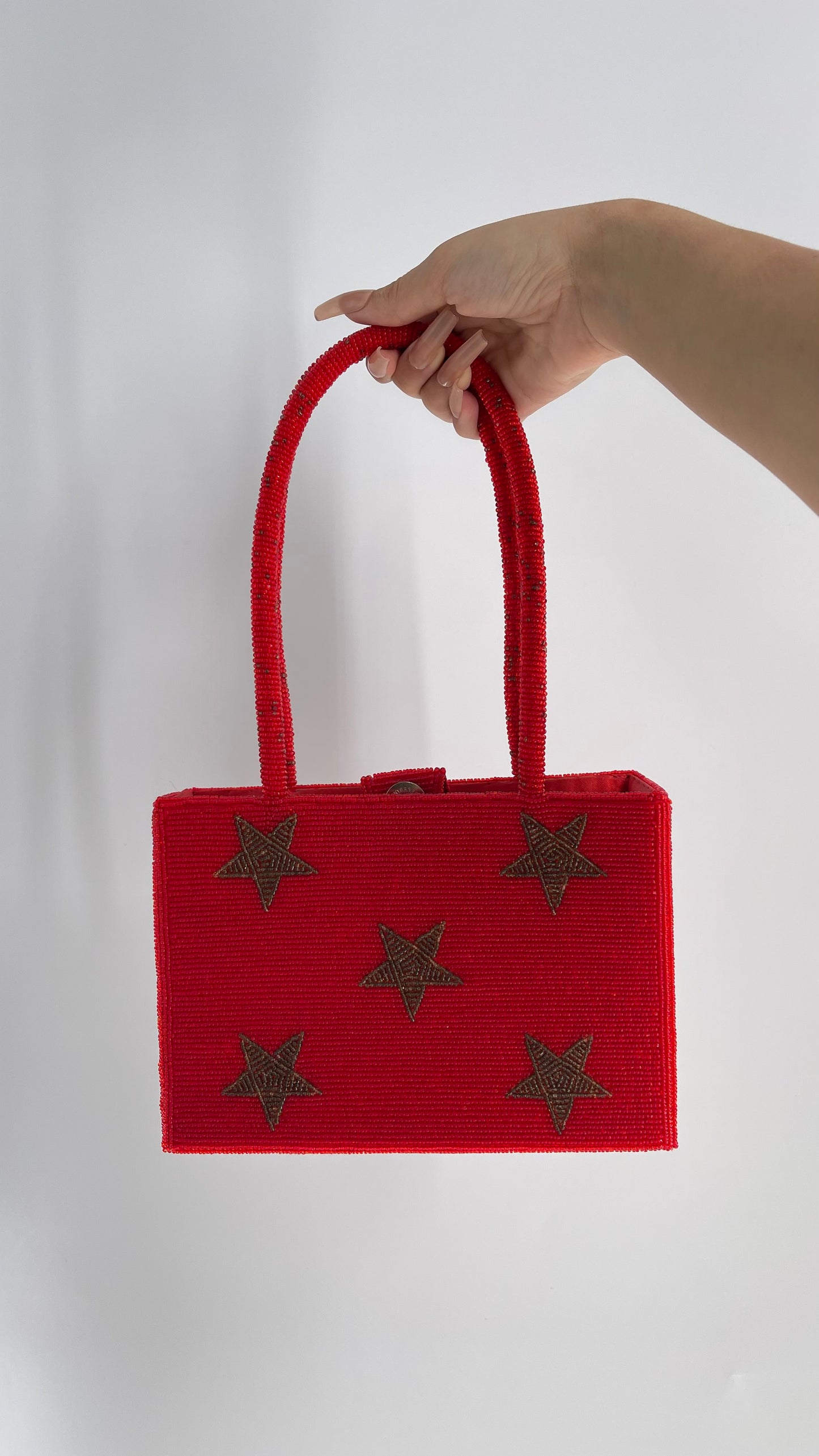 Vintage Lynne Jerome Red Beaded Box Bag with Gold Stars