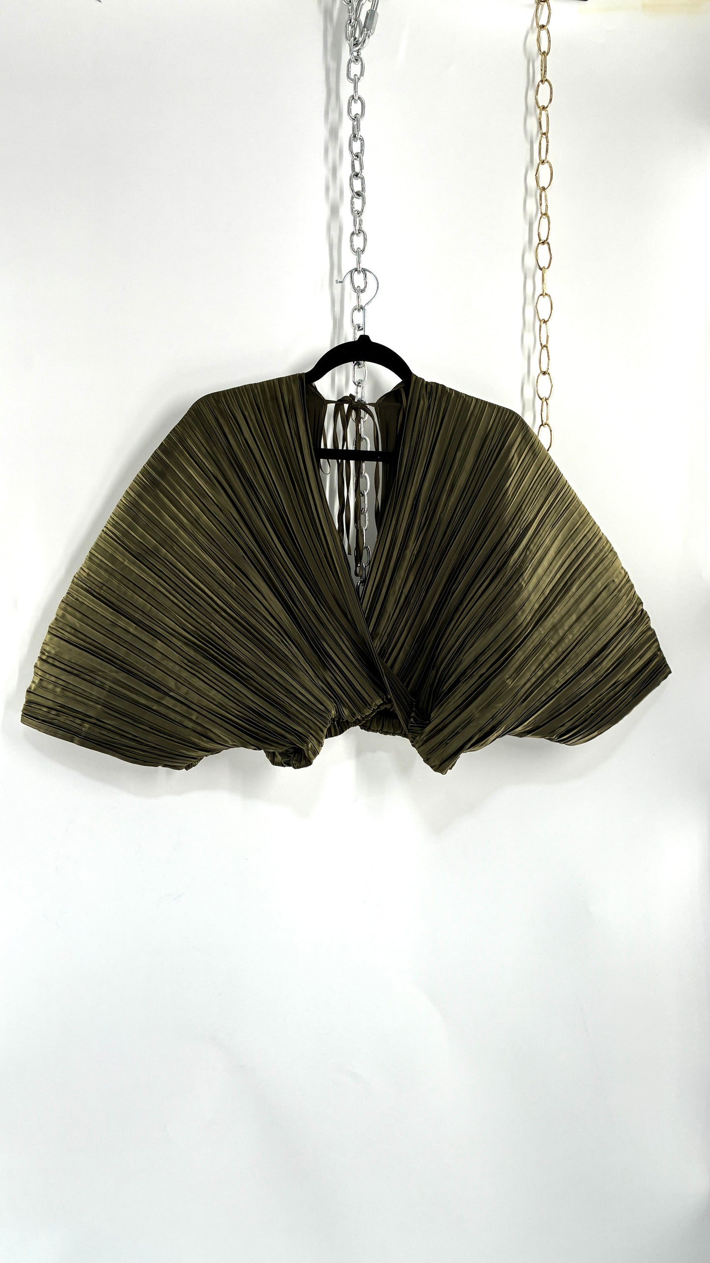 ZARA Olive Green Pleated Fanned Sleeve Top (Small)
