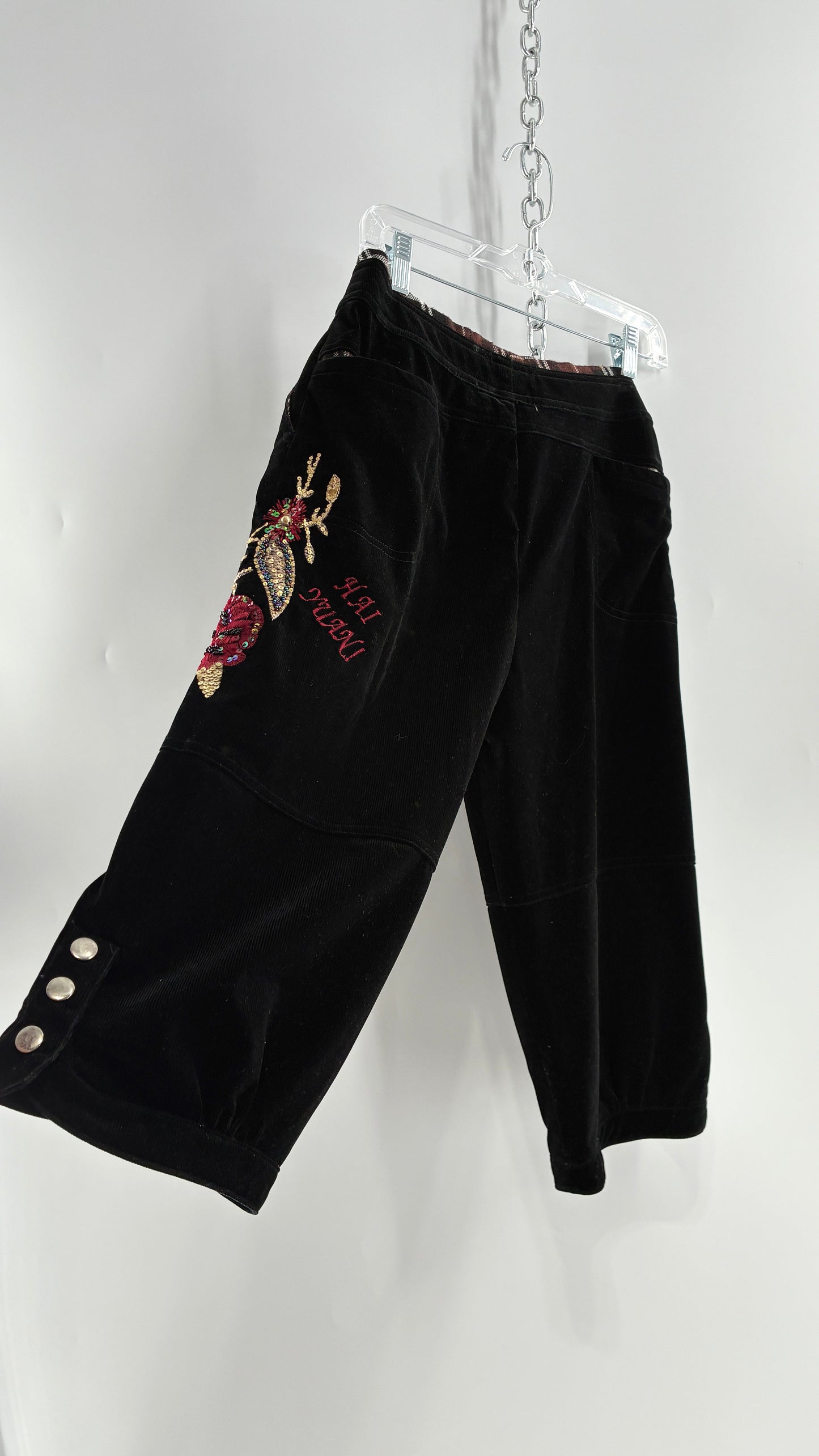 Vintage Black Corduroy Capris with Full Thigh Embroidery, Silver Buttons, and Woven Plaid Waistline (30)