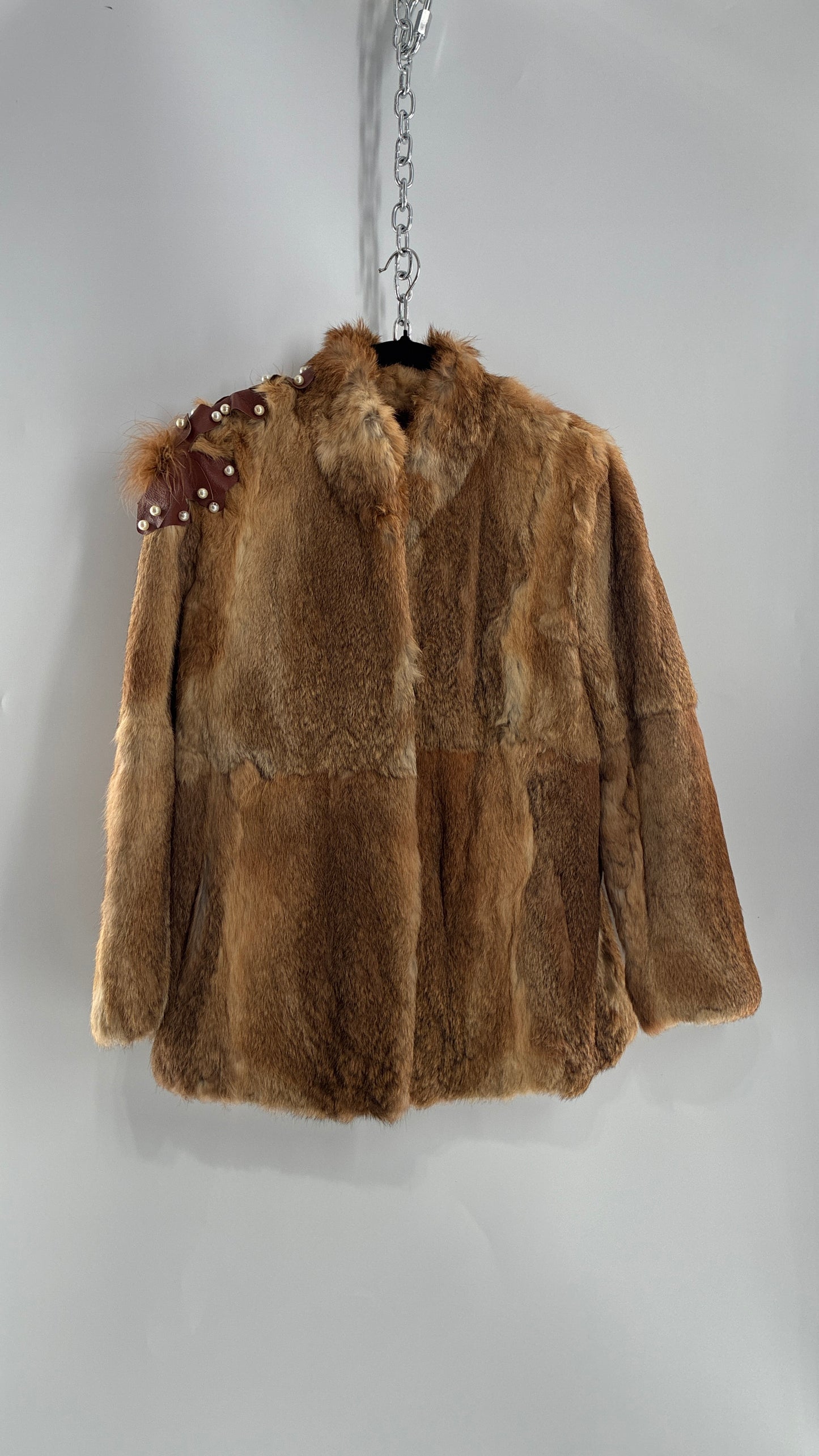 Vintage OPERA Montreal New York Genuine Fur Coat with Pearl Embellished Leather Flower Appliqués (Medium)