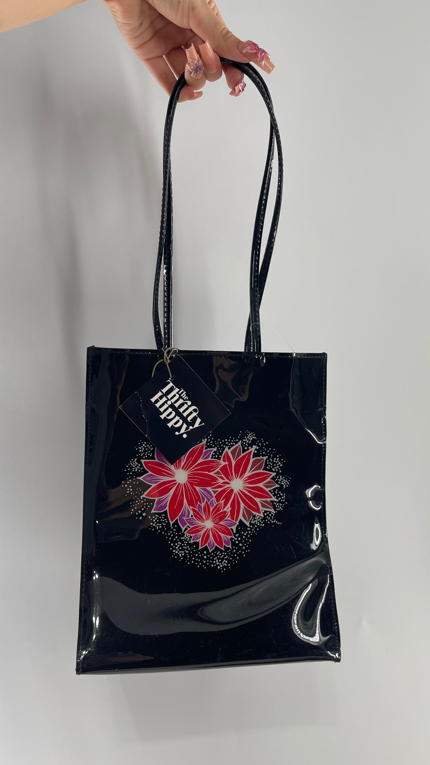 Deadstock Vintage Black Plastic Tote with Red Floral Heart