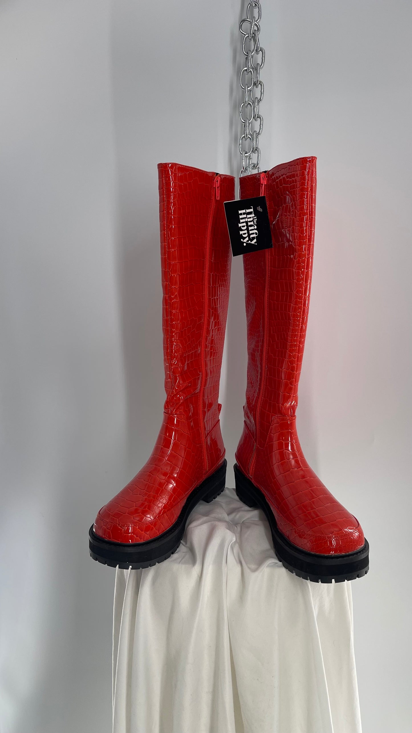 Urban Outfitters Orange Crocodile Embossed Knee High Boots (9)