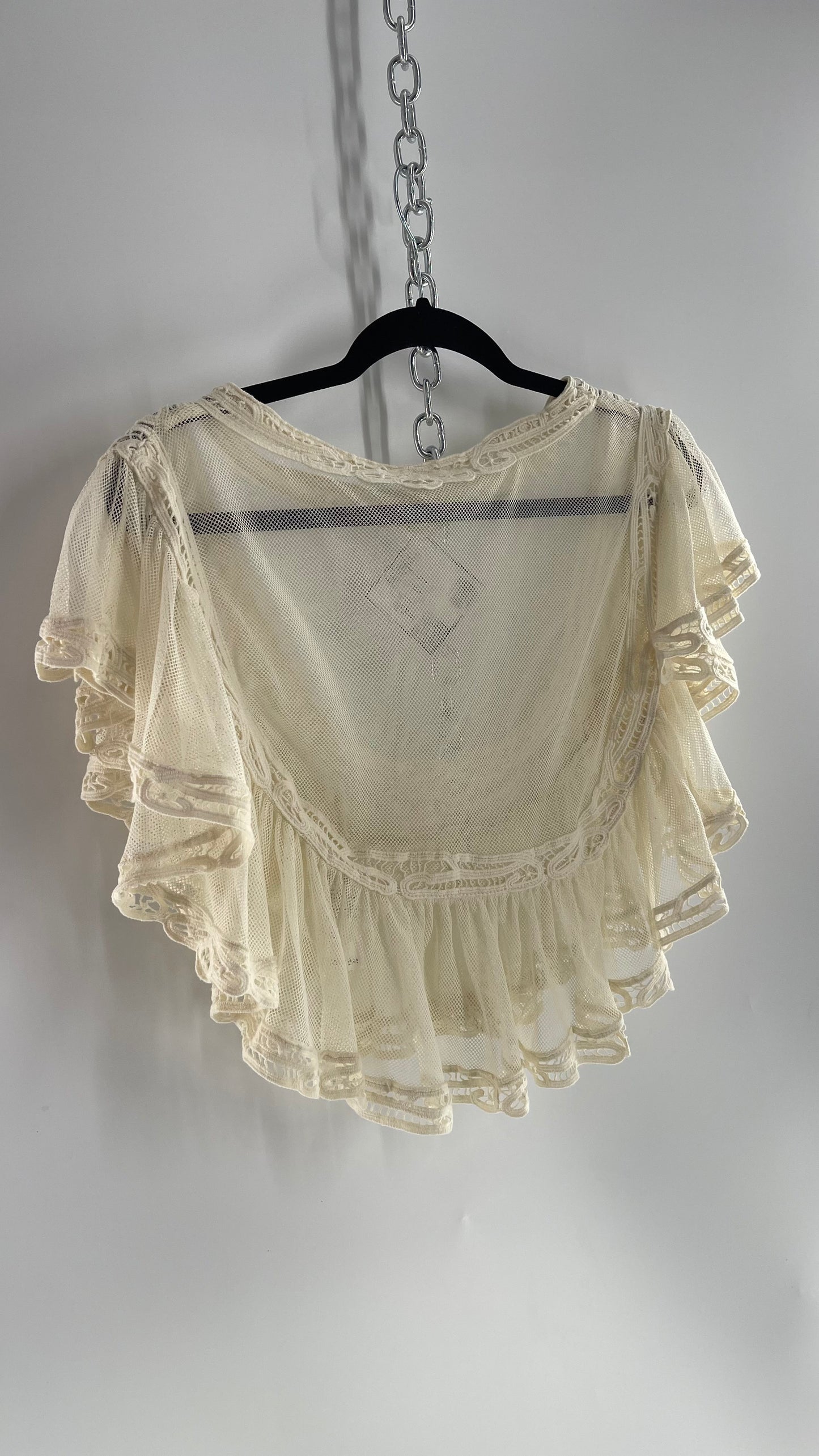 Free People Off White Mesh Lace Trim Bib/Collar Cropped Blouse (Small)