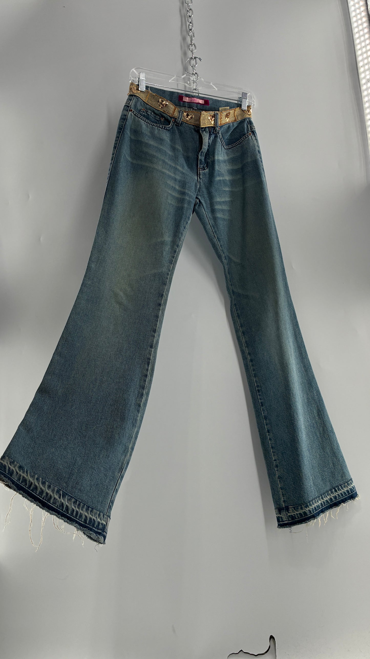 Vintage VOYAGE PASSION Kick Flare Light Wash Jeans with Heart Embroidered Bum and Gold Sequin Belt (28)