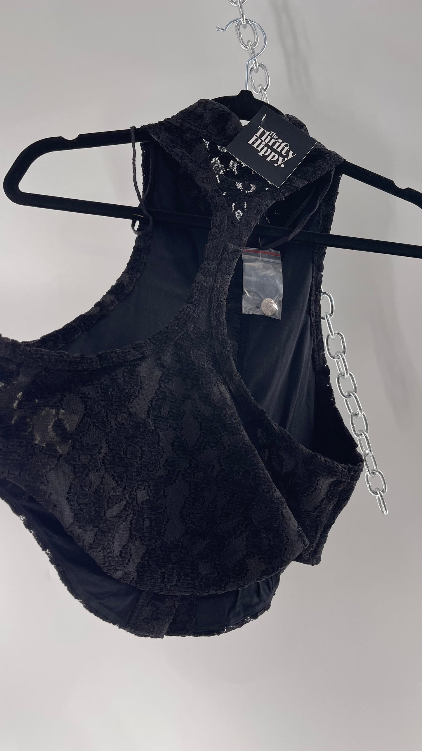 Free People Black Velvet Lace Sleeveless with Metal Buttons (Small)