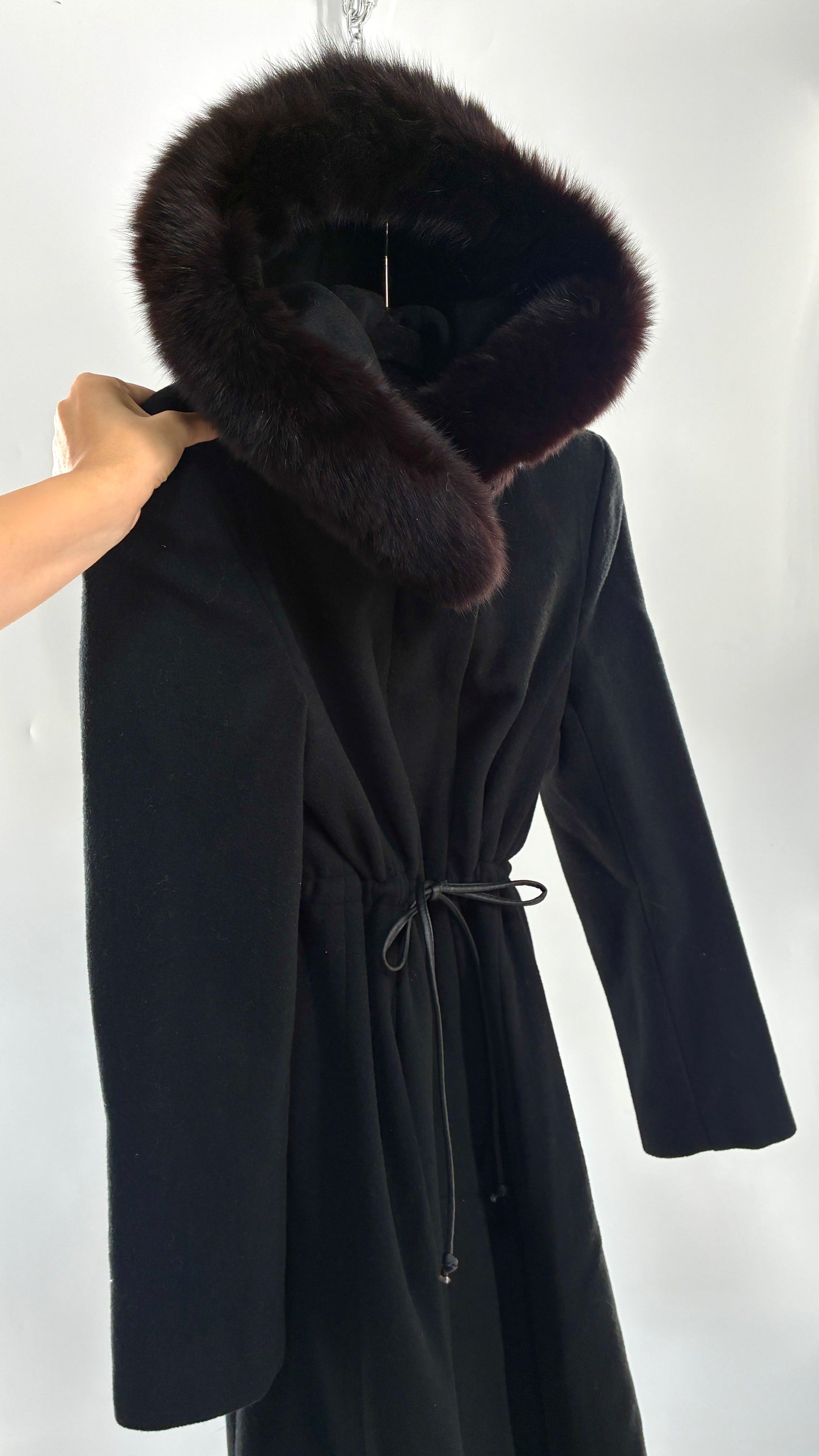 Vintage STEVE by SEARLE Cashmere Blend Coat with Underbust Tie and Fur Hood
