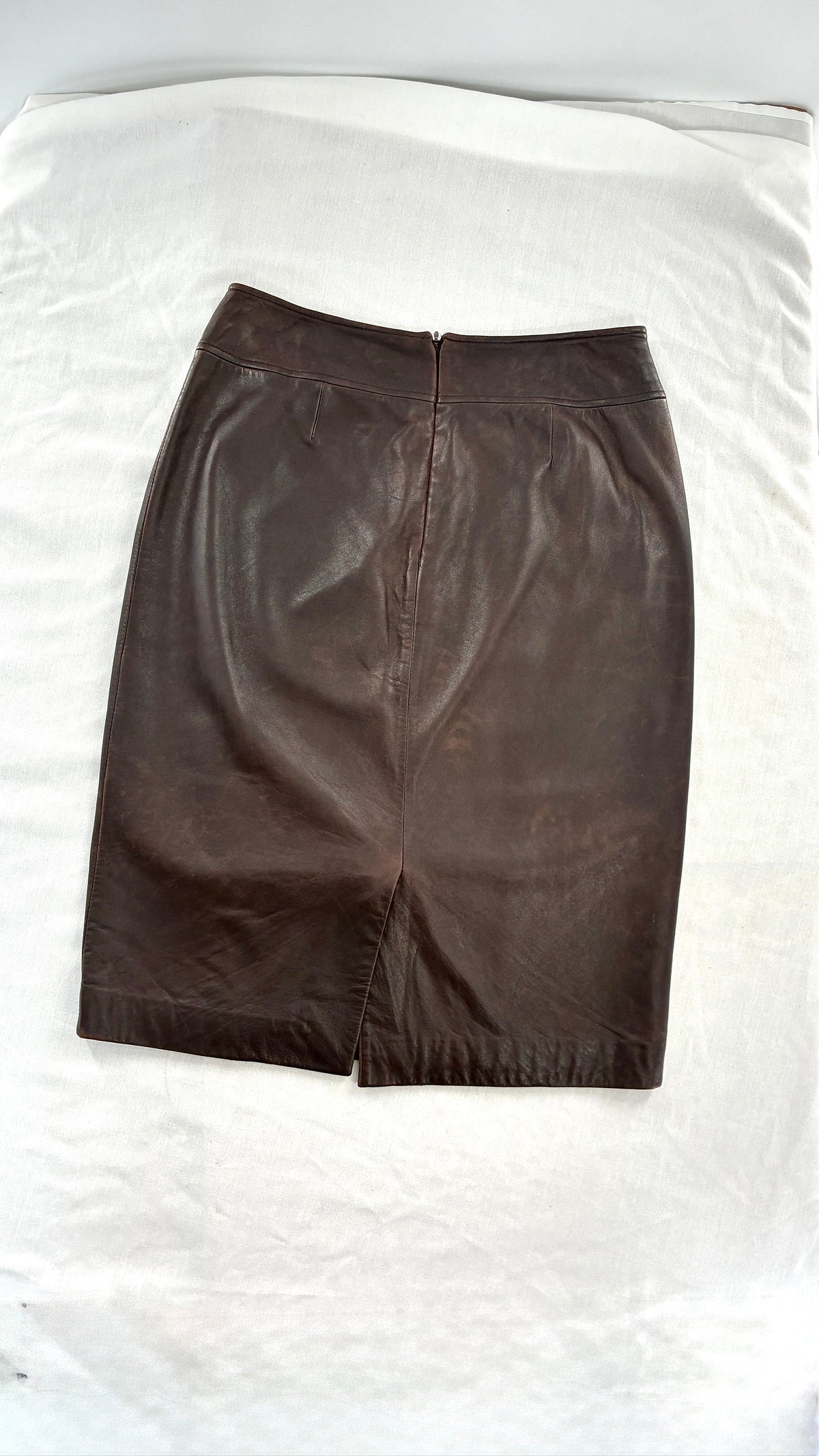 Vintage BROOKS BROTHERS Brown Distressed Genuine Leather Skirt (6)