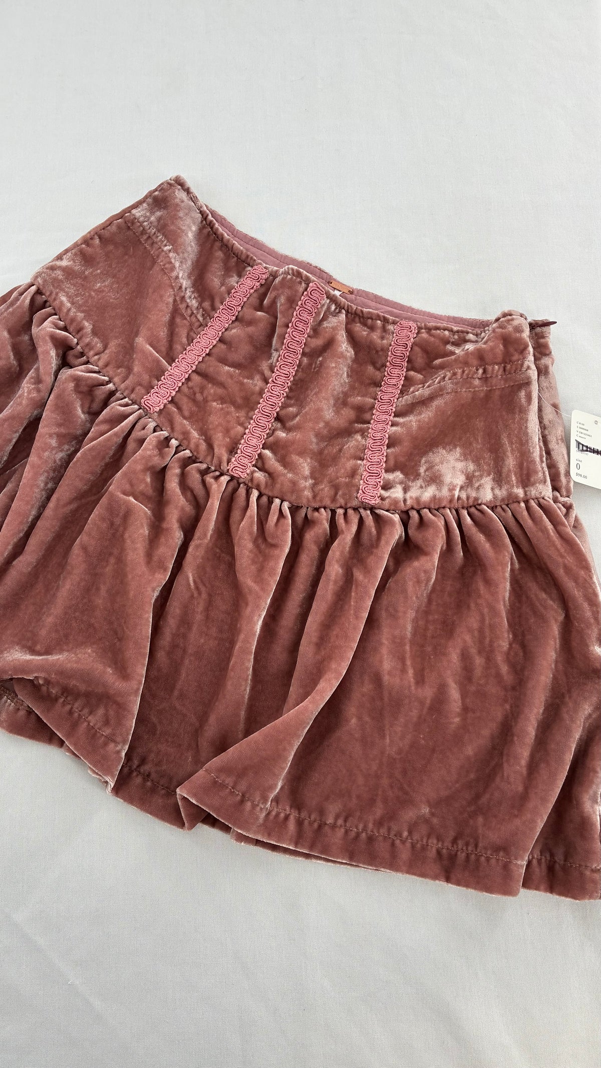 FREE PEOPLE Pink Velour Mini Skirt with Ribbon Detail and Tags Attached (0)