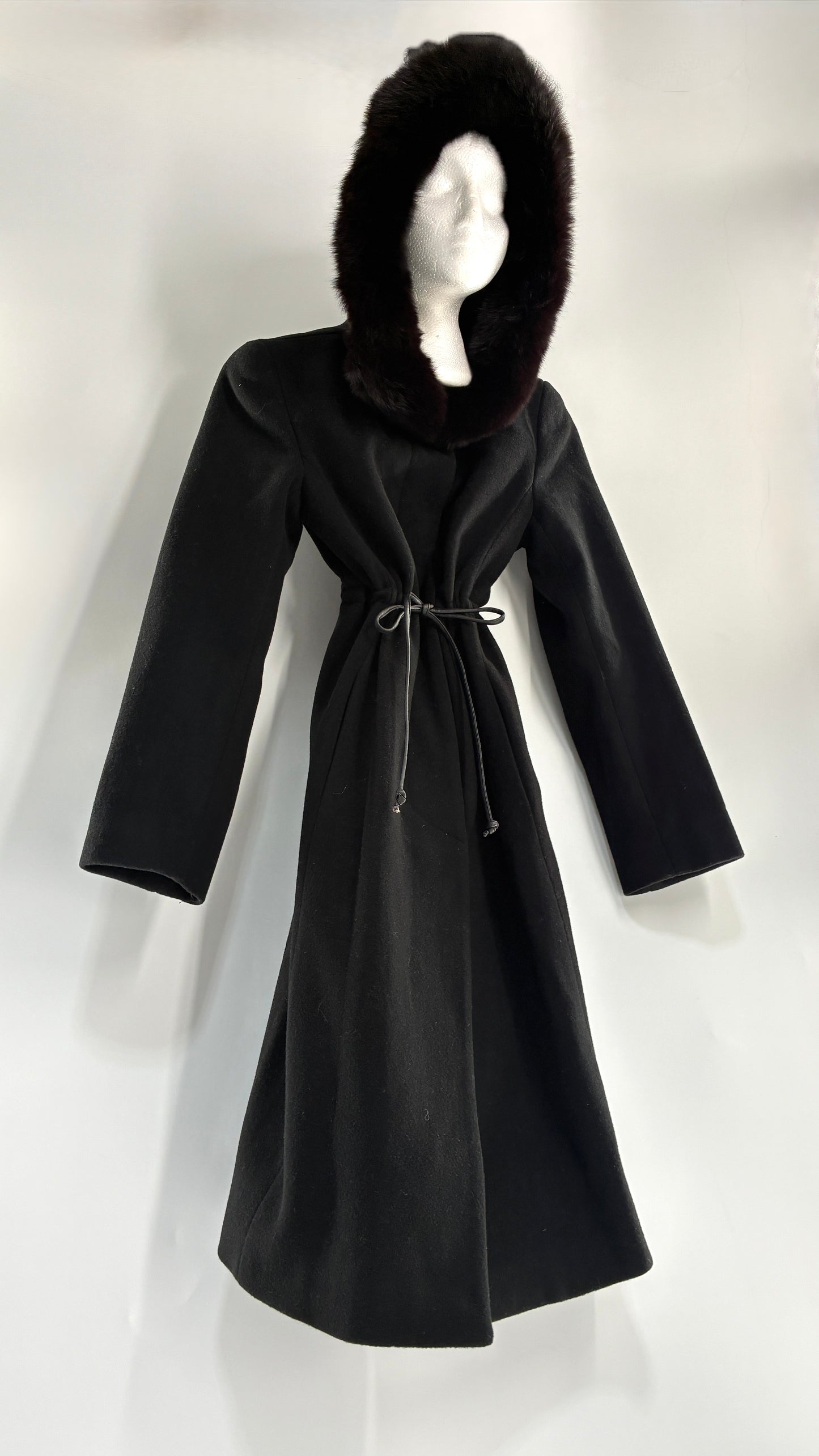 Vintage STEVE by SEARLE Cashmere Blend Coat with Underbust Tie and Fur Hood