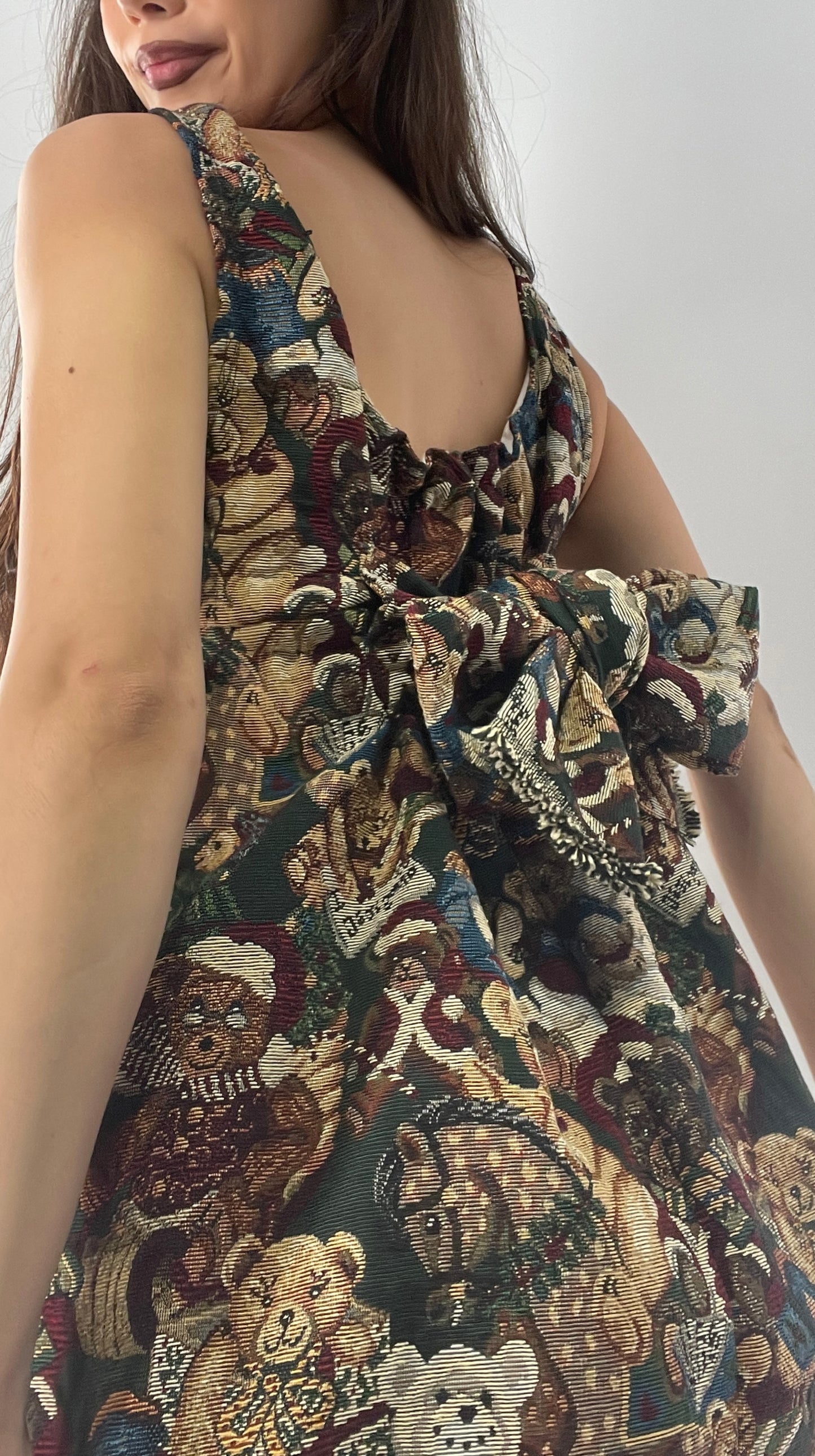 Christmas Custom Teddy Bear Tapestry Babydoll Dress with Bow Back Detail and Adjustable Neckline/Underbust (XS-L)