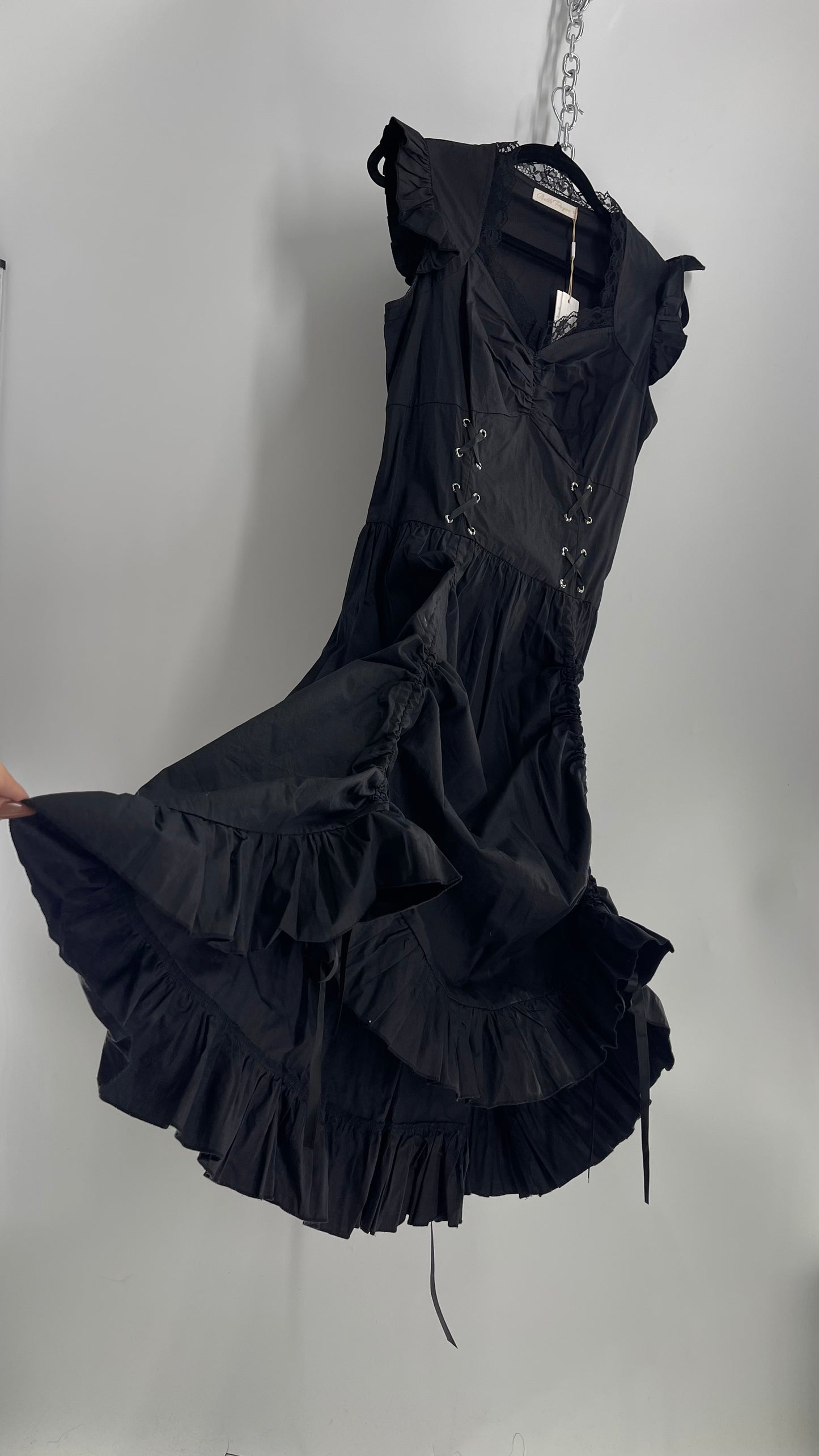 Belle Poque Black Corseted Style Mini Dress with Cinched, Draped Hem and Tags Attached (Medium)