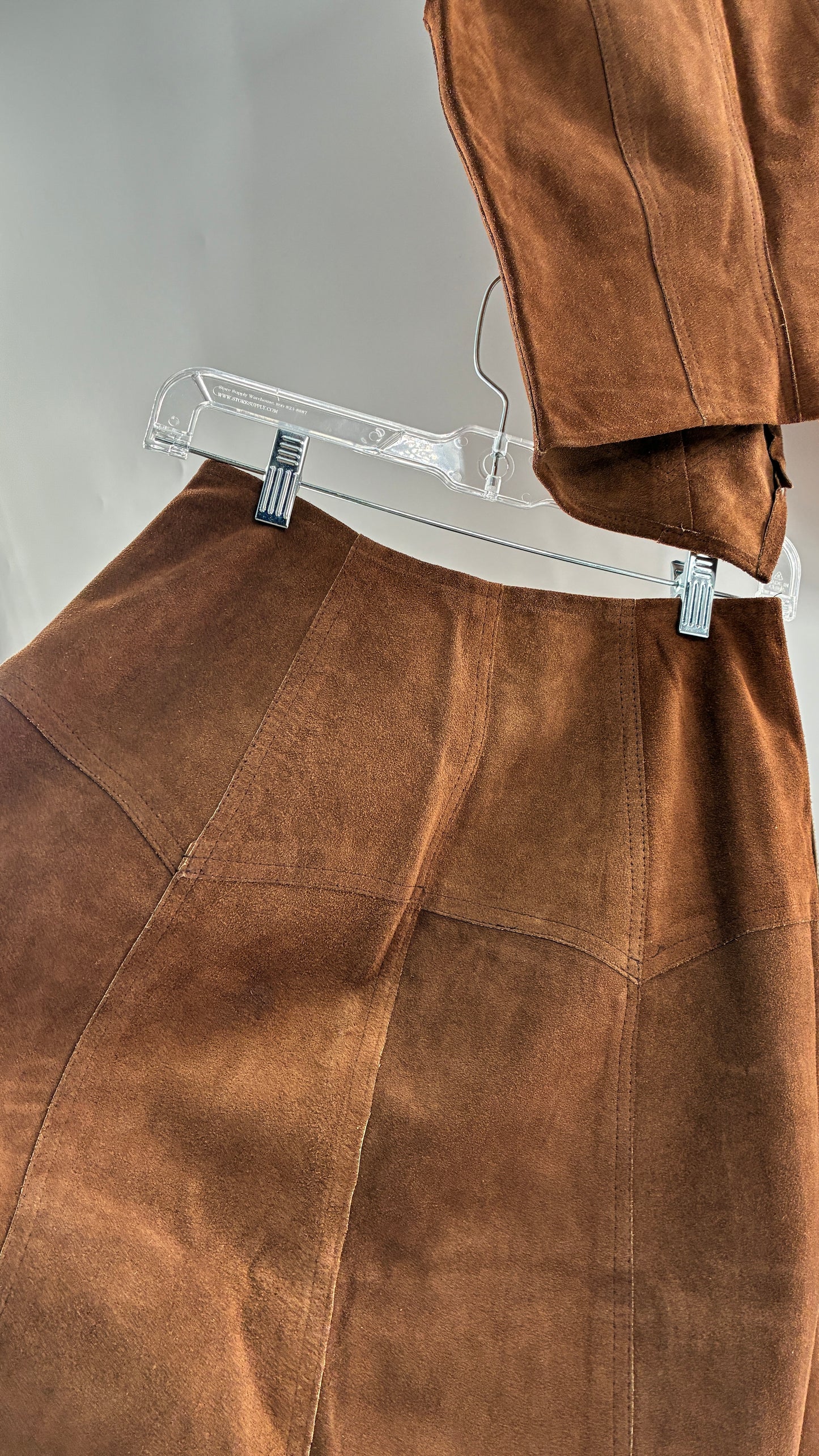 Vintage 1970s Genuine Suede Brown Leather Button Front Skirt and Vest Made in Mexico (XS/S)