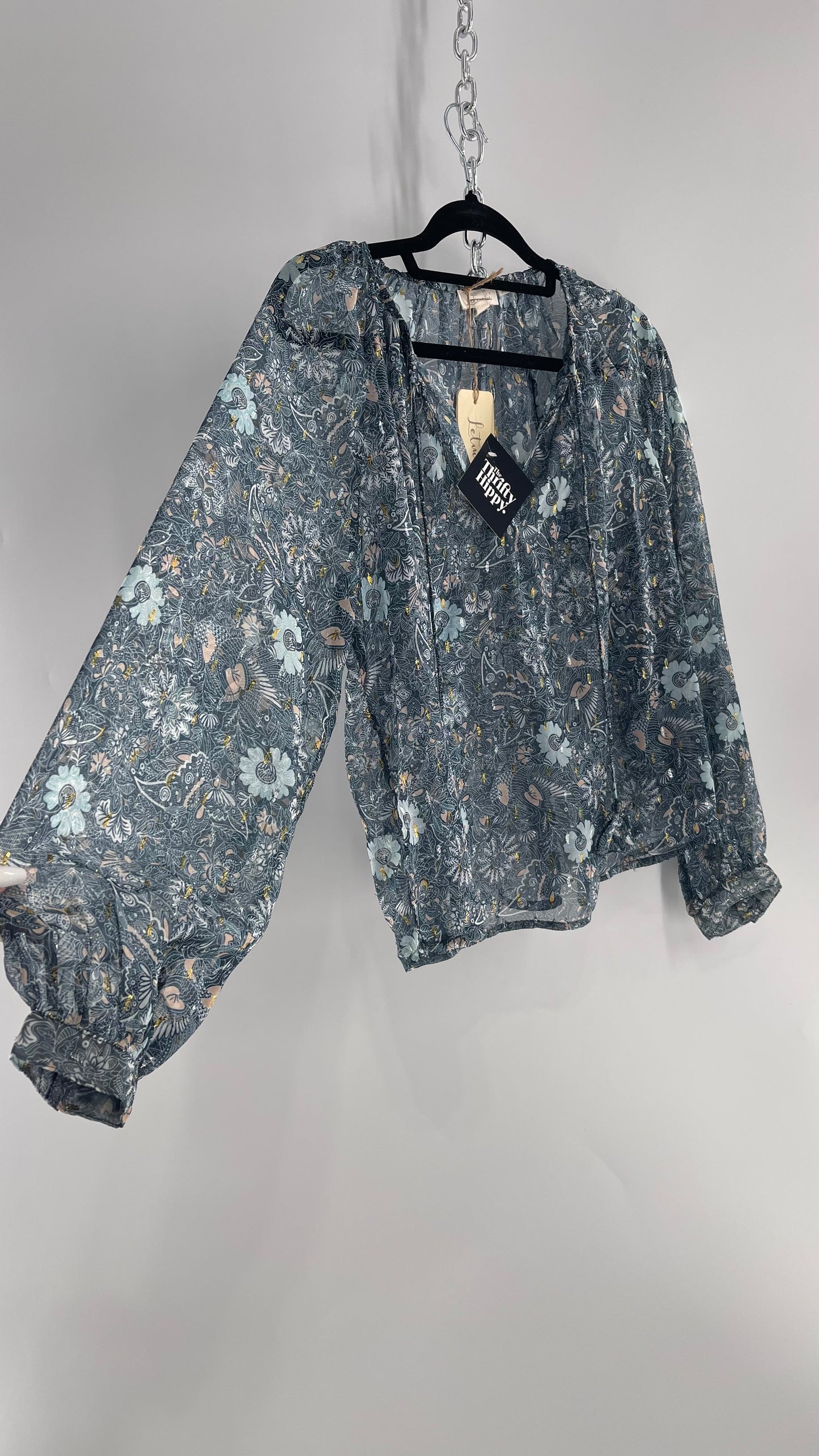 Anthropologie Let Me Be (Small) Blue Voile Blouse with Silver and Gold Ribbon Pieces and Tags Attached