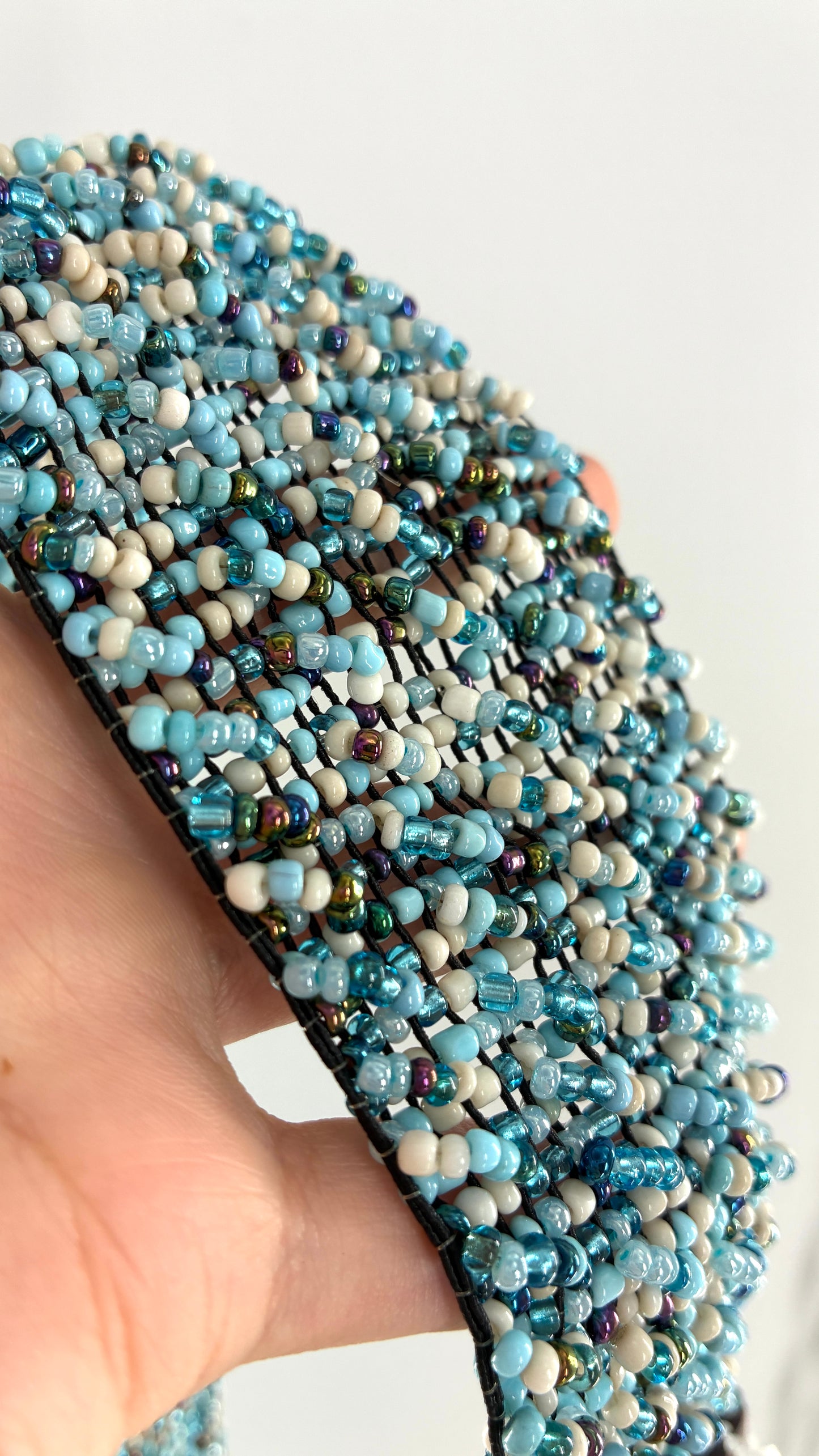 Vintage Wide Blue Beaded Hip Belt with Chunky Wooden Buckle