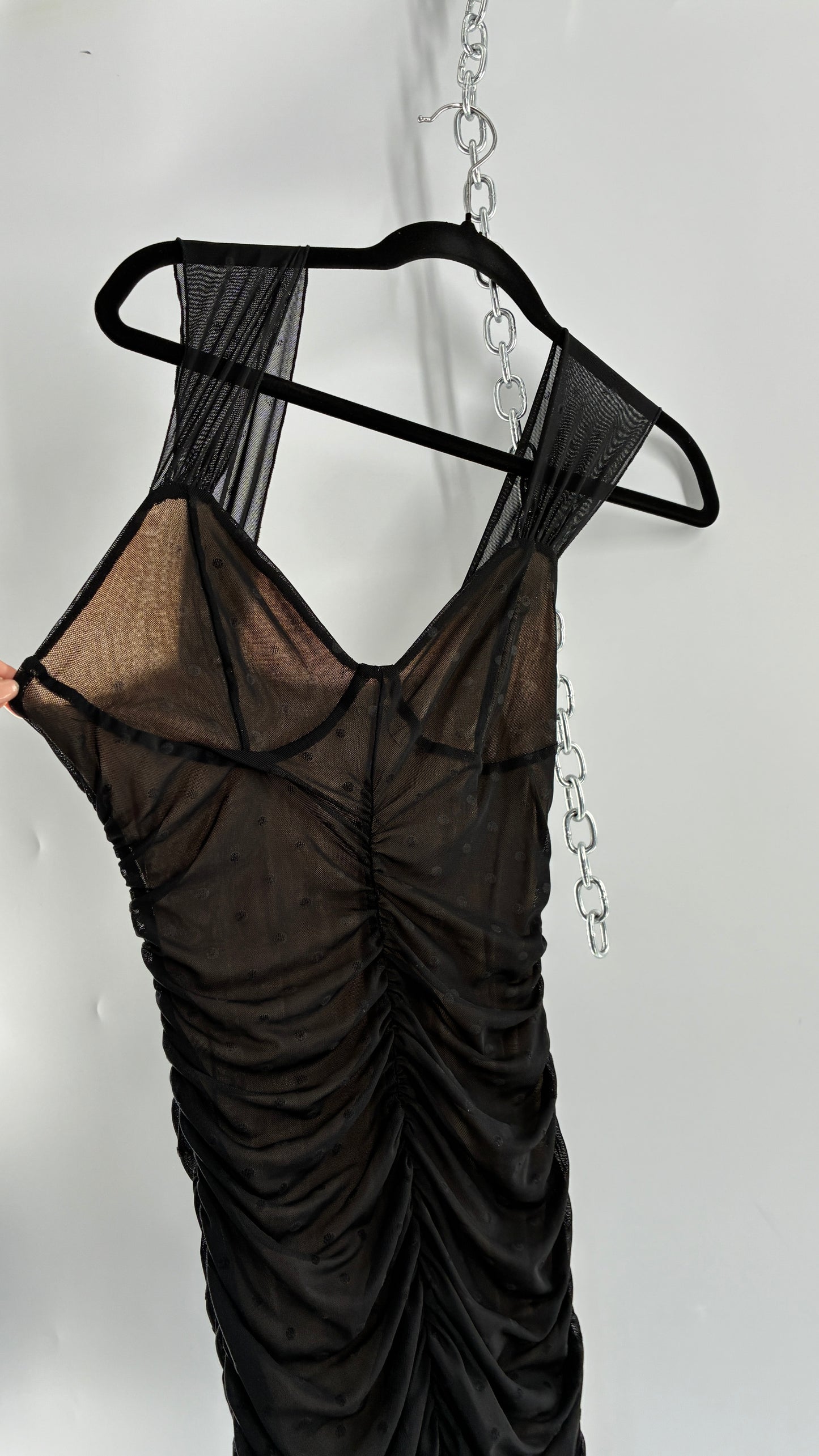 Urban Outfitters Nude Underlay Sheer Black Overlay Polka Dotted and Ruched Bodycon Mini Dress (XS)