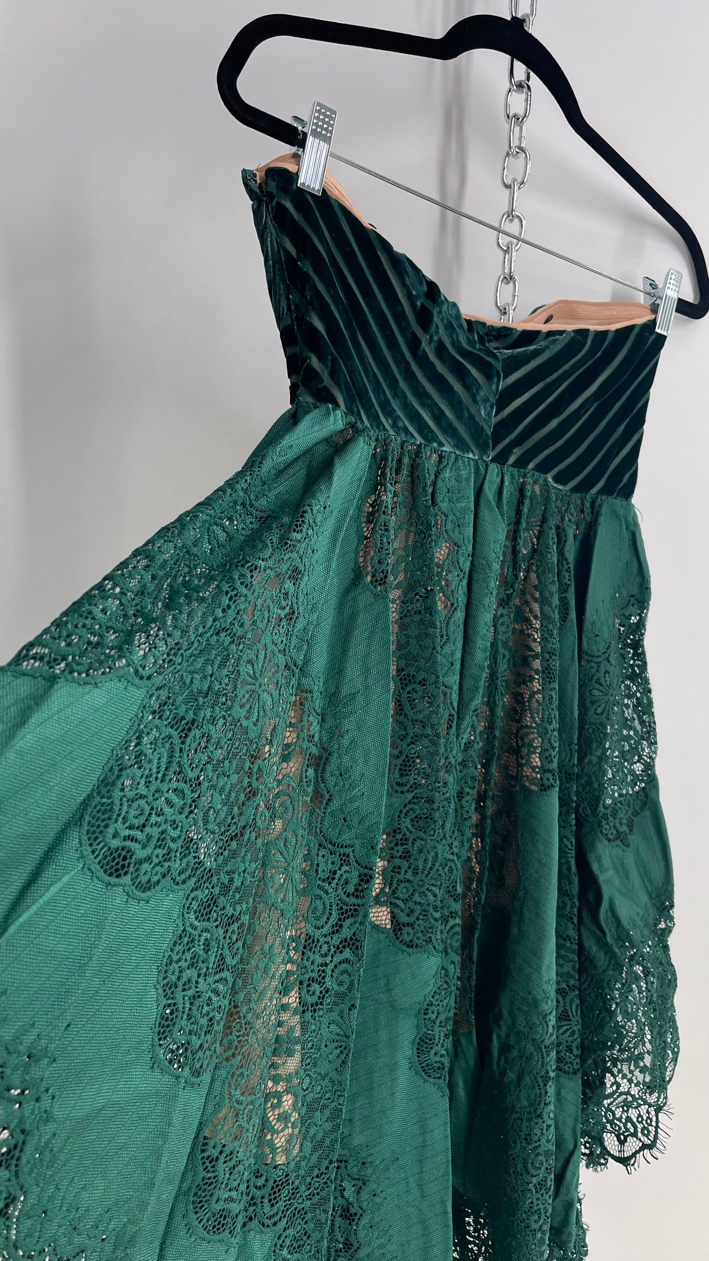 Free People Emerald Green Dress with Velvet Sweetheart Neckline Bustier Bodice with Scalloped Lace, Handkerchief Hem Skirt over Nude Underlay 
 (4)