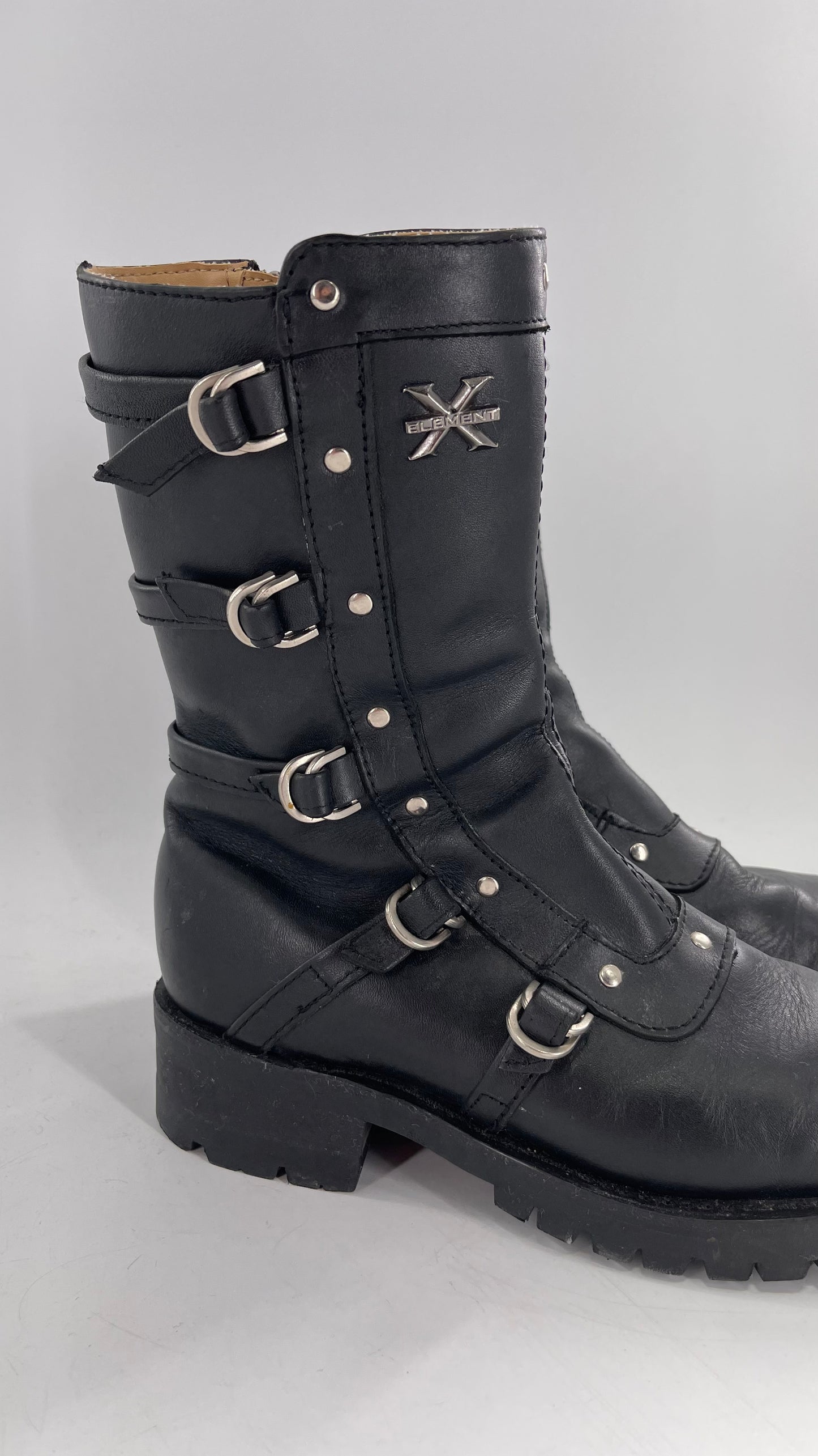 Vintage 1990s XELEMENT Buckle Side Genuine Leather Steam Punk Boots (Women’s 8.5)