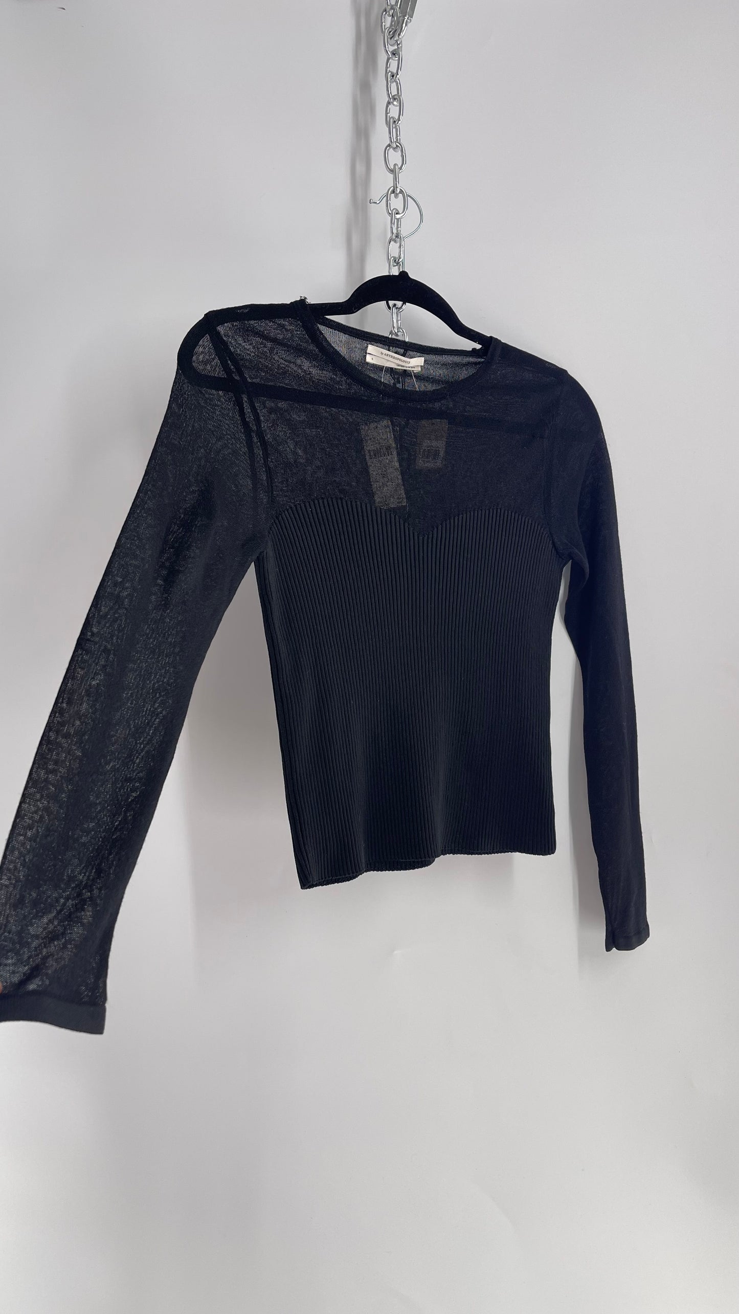 Anthropologie Black Knit Long Sleeve with Ribbed Sweetheart Neckline and Tags Attached (Small)