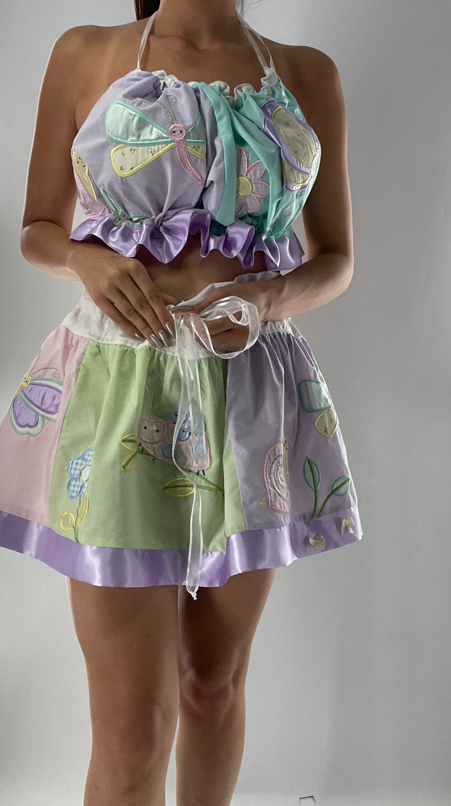 Vintage Custom 2piece Garden Gal Set Covered in Patchwork Butterflies, Dragonflies, Flowers, Snails and Pastels (One Size Fits Most)